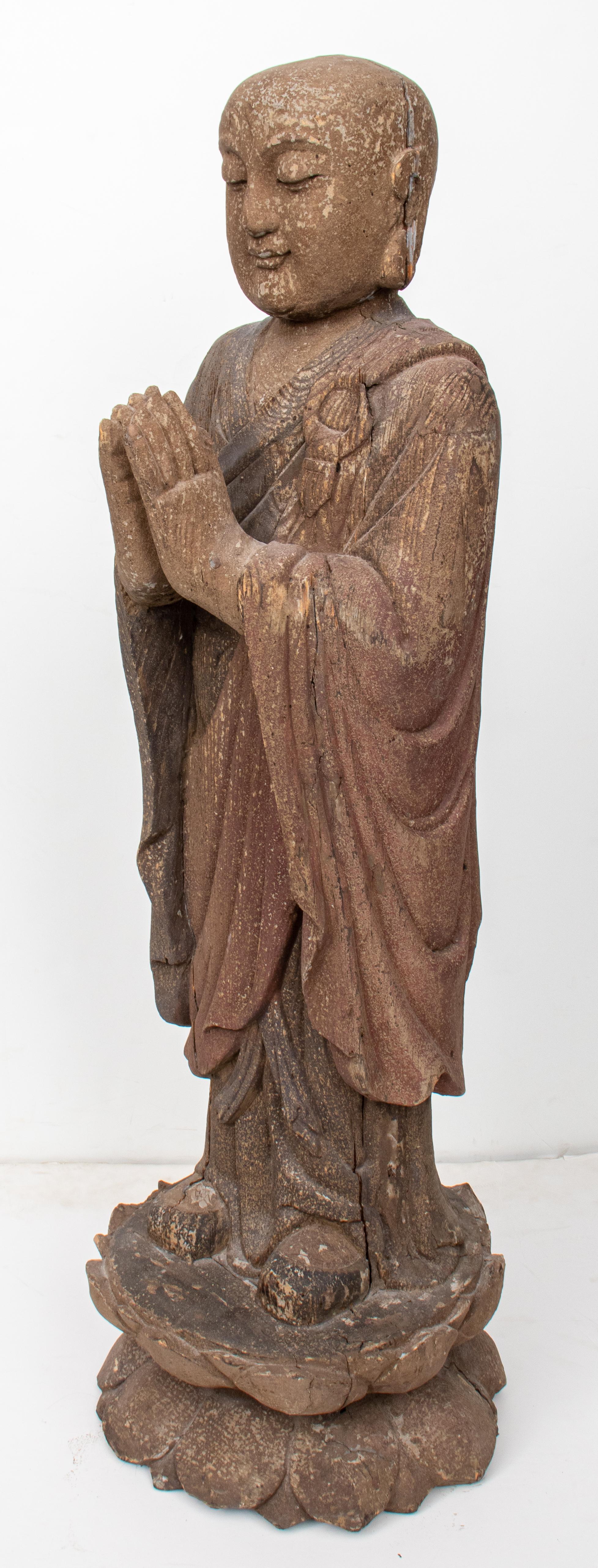 Asian Buddhist Monk Painted Wood Statue 1