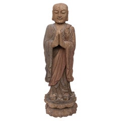 Asian Buddhist Monk Painted Wood Statue