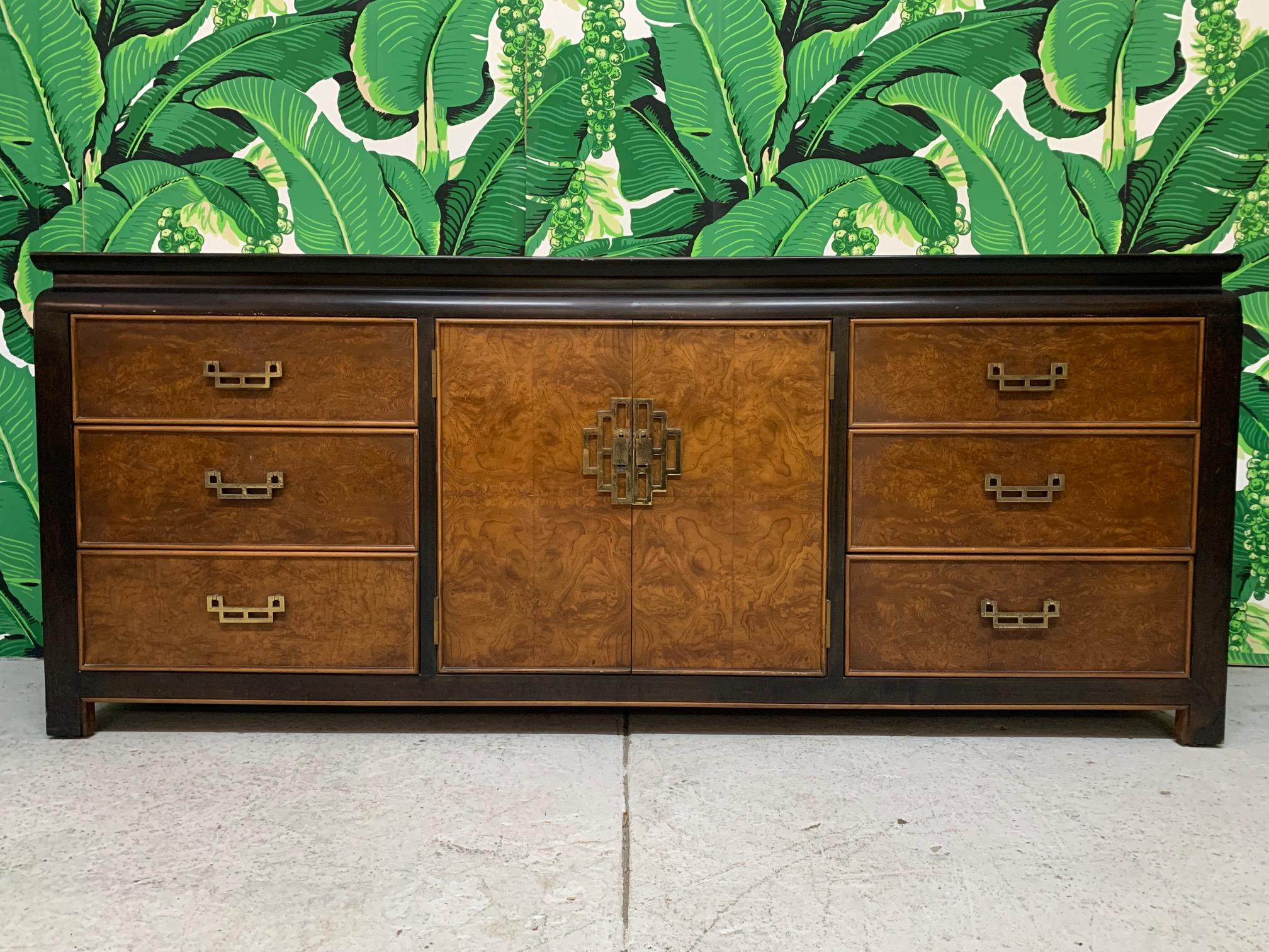 Two-toned dresser by Century Furniture features burl fronts and brass hardware in Asian chinoiserie style. Very good condition with only minor imperfections consistent with age.