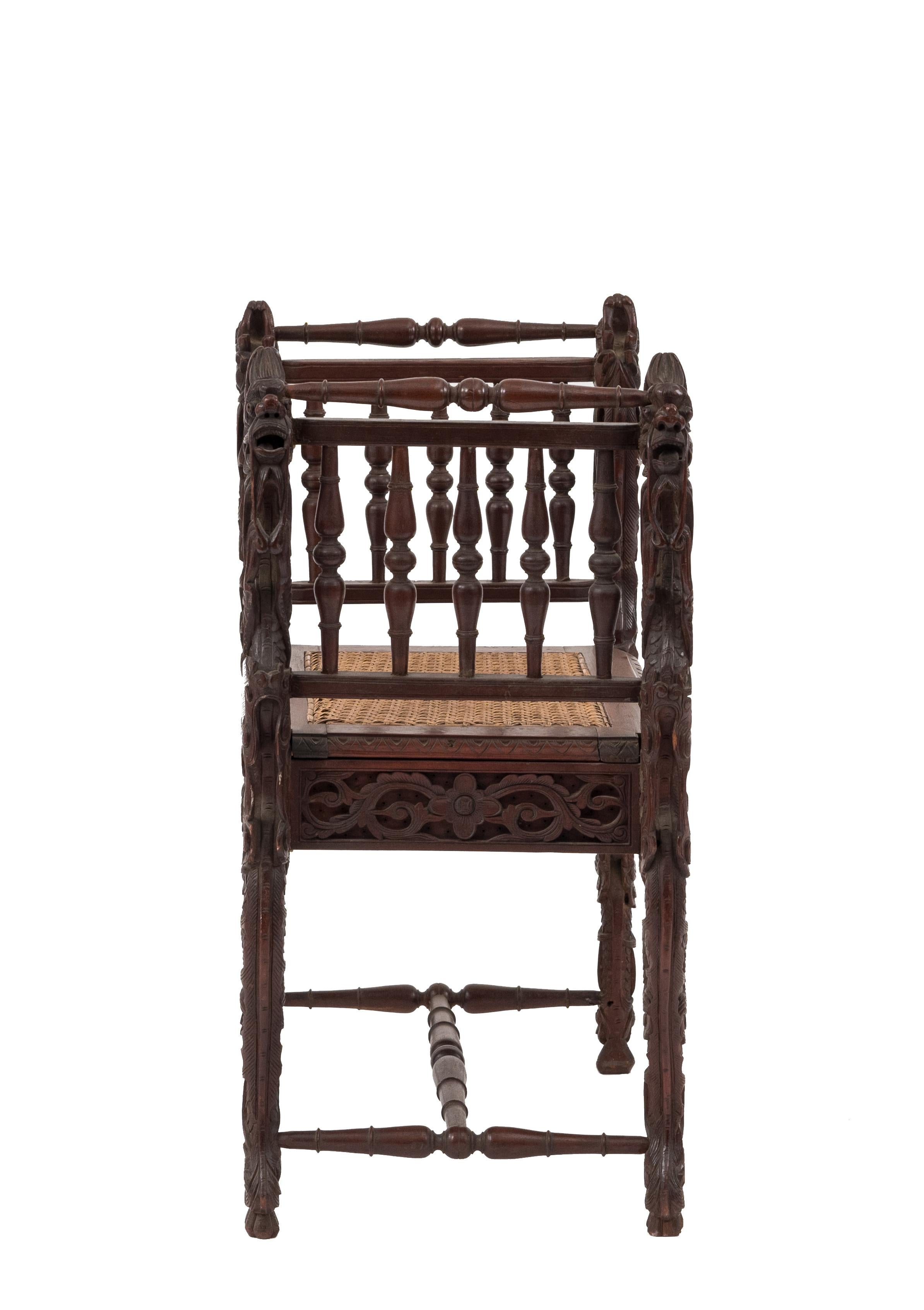 19th Century Asian Burmese Carved Walnut Bench with Caned Seat For Sale