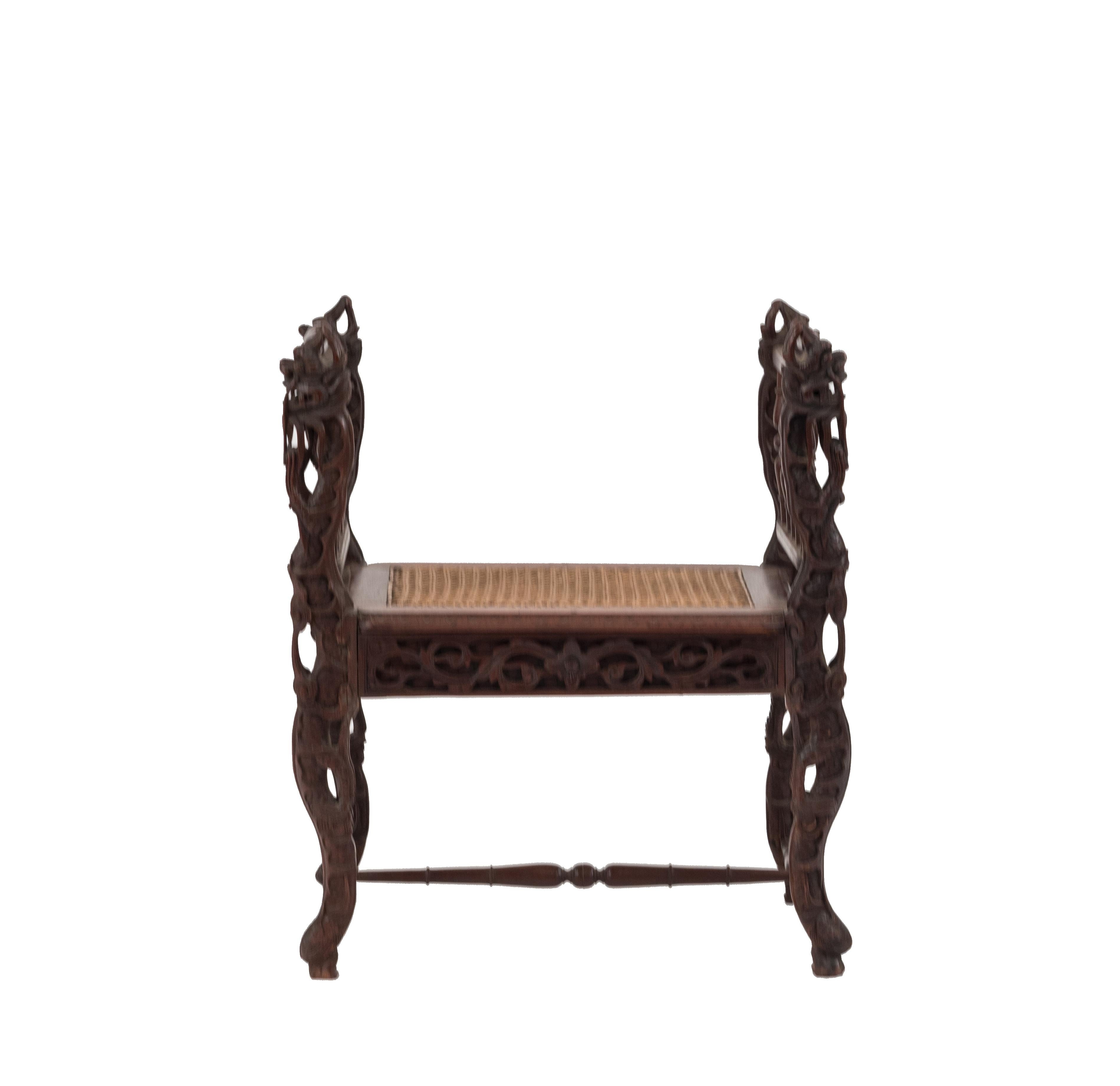 Asian Burmese Carved Walnut Bench with Caned Seat For Sale 1