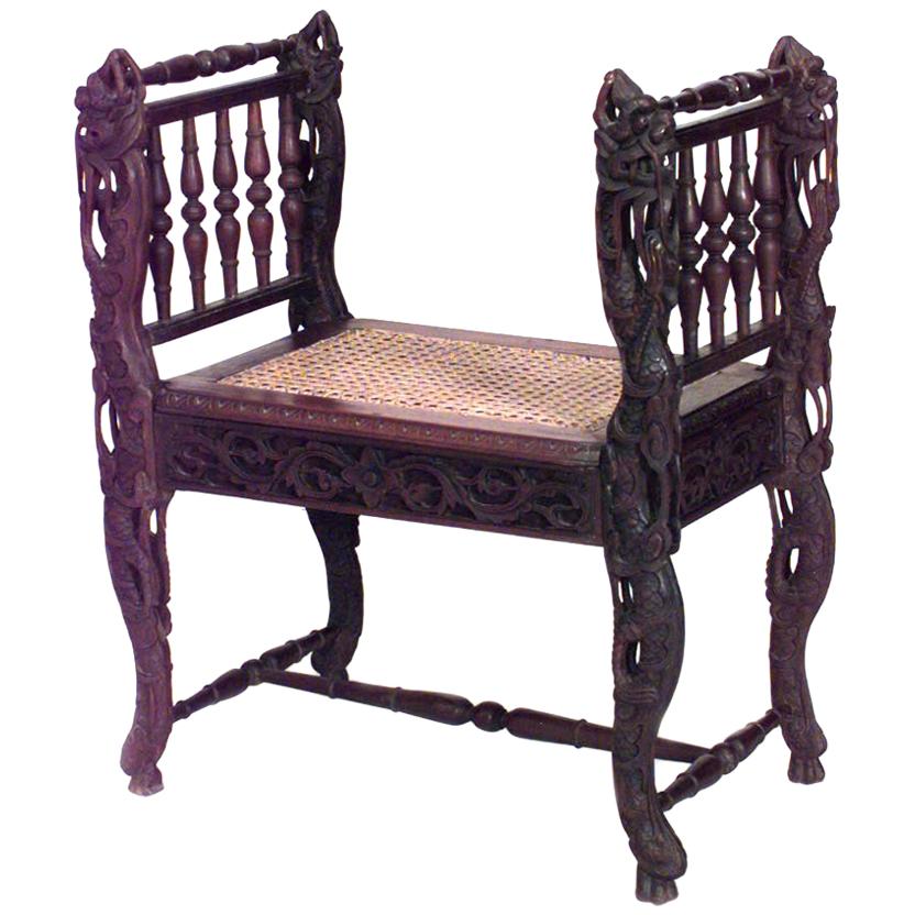 Asian Burmese Carved Walnut Bench with Caned Seat For Sale