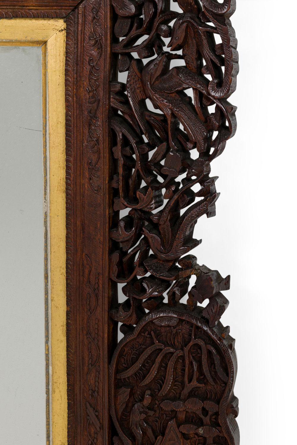Carved Asian Burmese Style Teak Filigree Wall Mirror For Sale