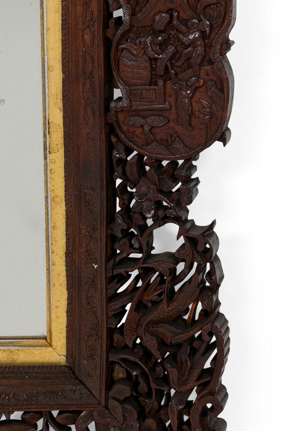 Asian Burmese Style Teak Filigree Wall Mirror In Good Condition For Sale In Queens, NY
