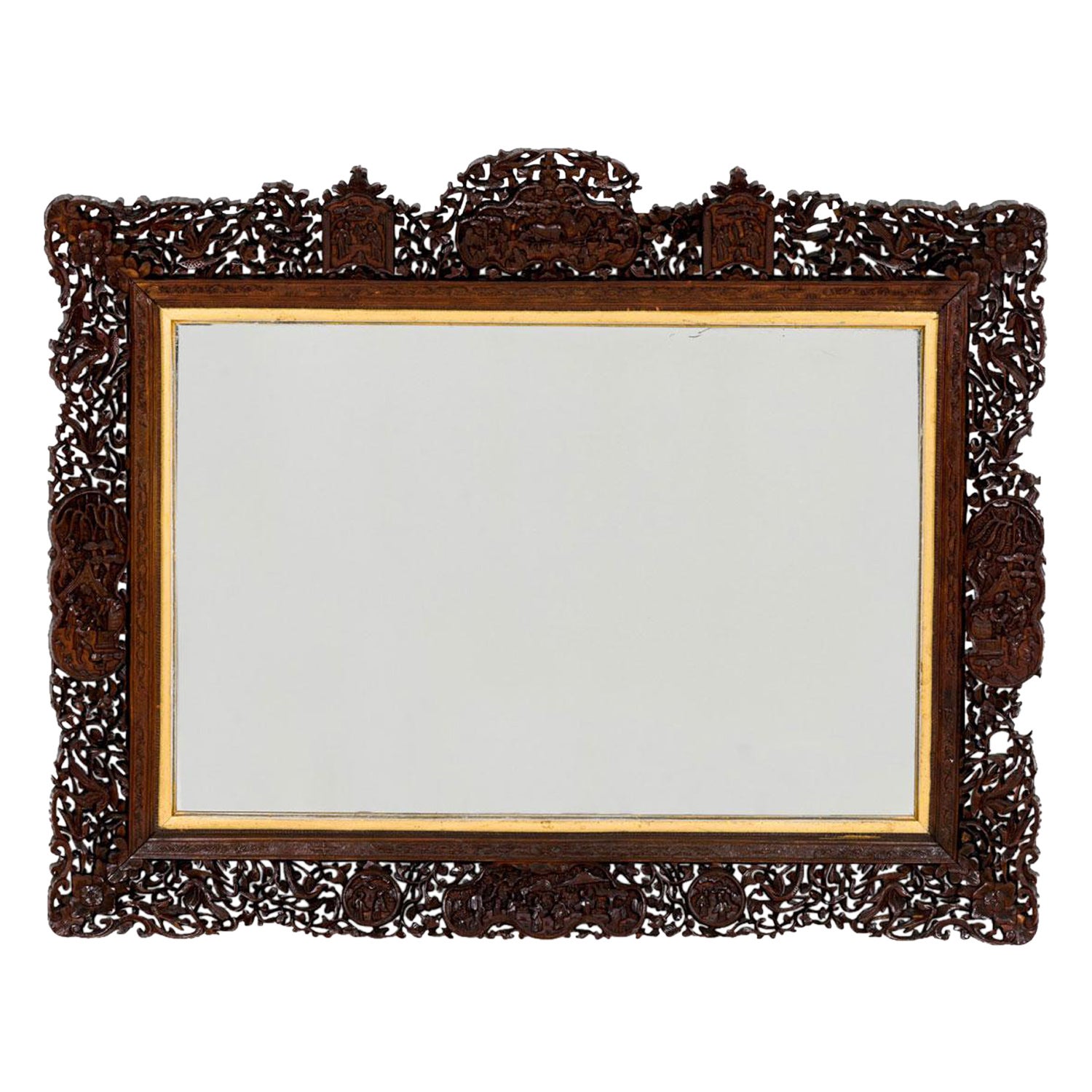 Asian Burmese Style Teak Filigree Wall Mirror