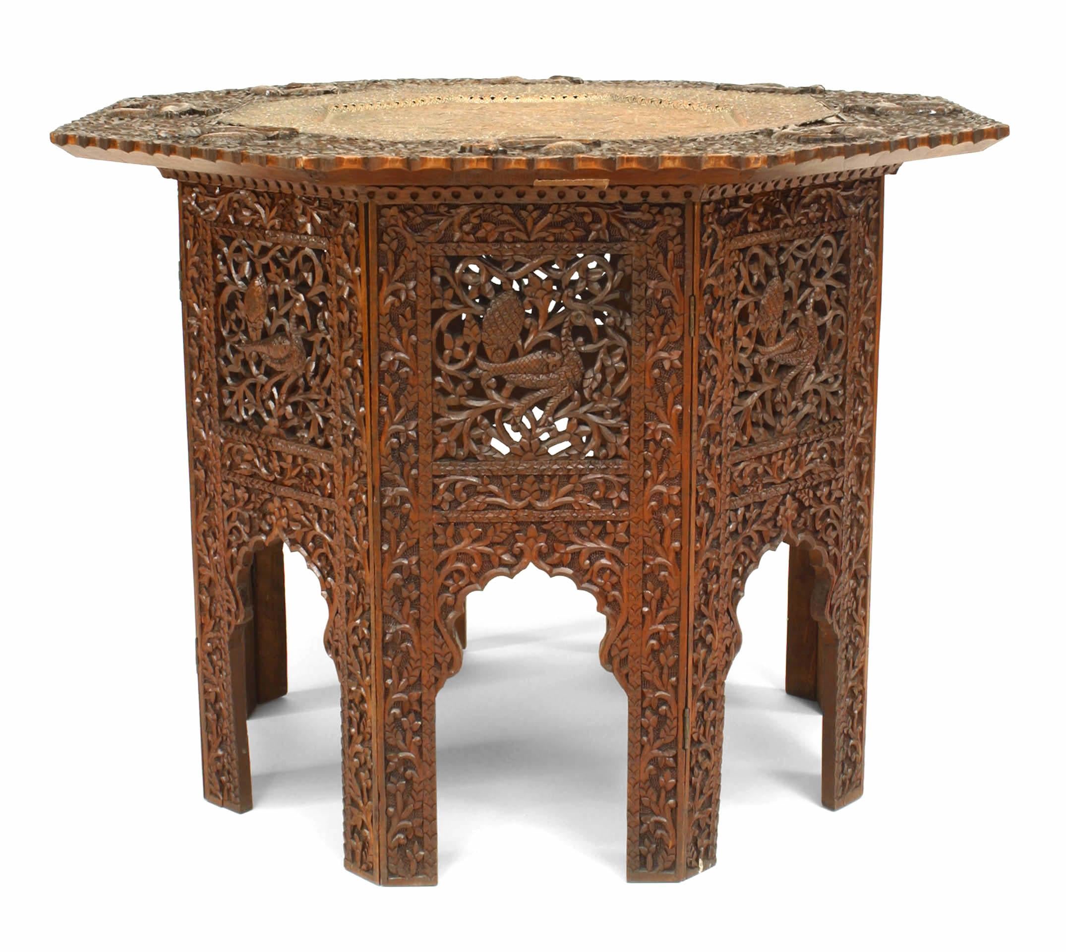 19th century Asian Burmese style walnut carved filigree octagonal table with floral and bird design and scalloped edge with inset copper tray top.