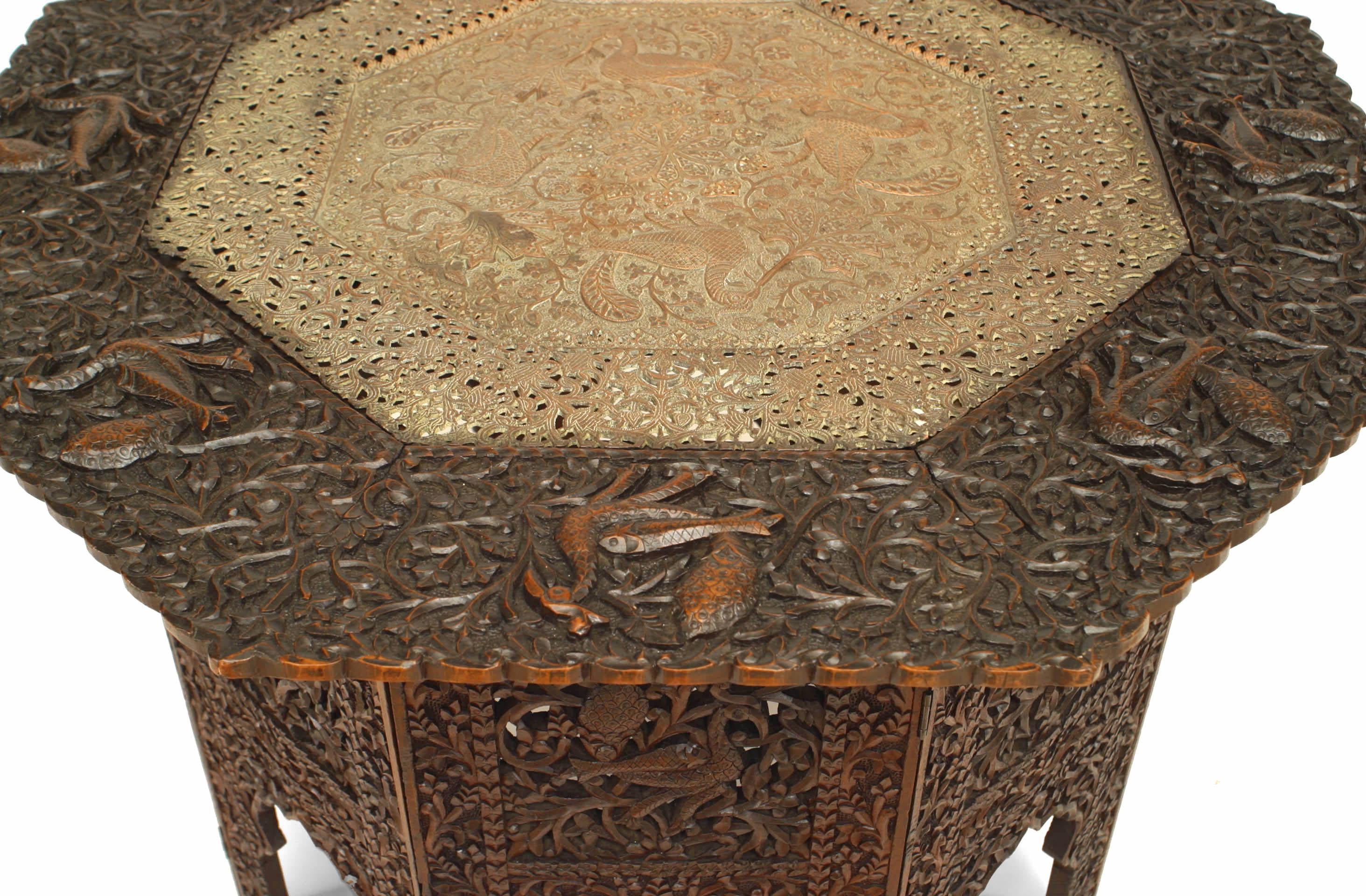 Copper Asian Burmese Walnut Carved Filigree Table For Sale
