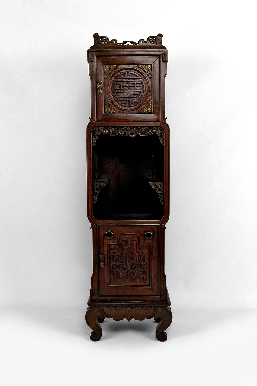 Japonisme Asian Cabinet in carved wood with Bats, Vietnam or South China, Circa 1880 For Sale