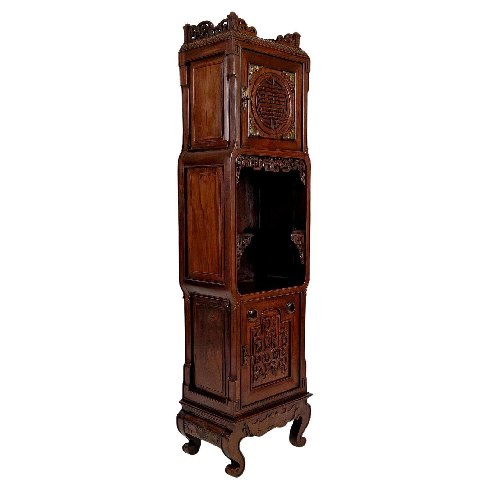 Asian Cabinet in carved wood with Bats, Vietnam or South China, Circa 1880 For Sale