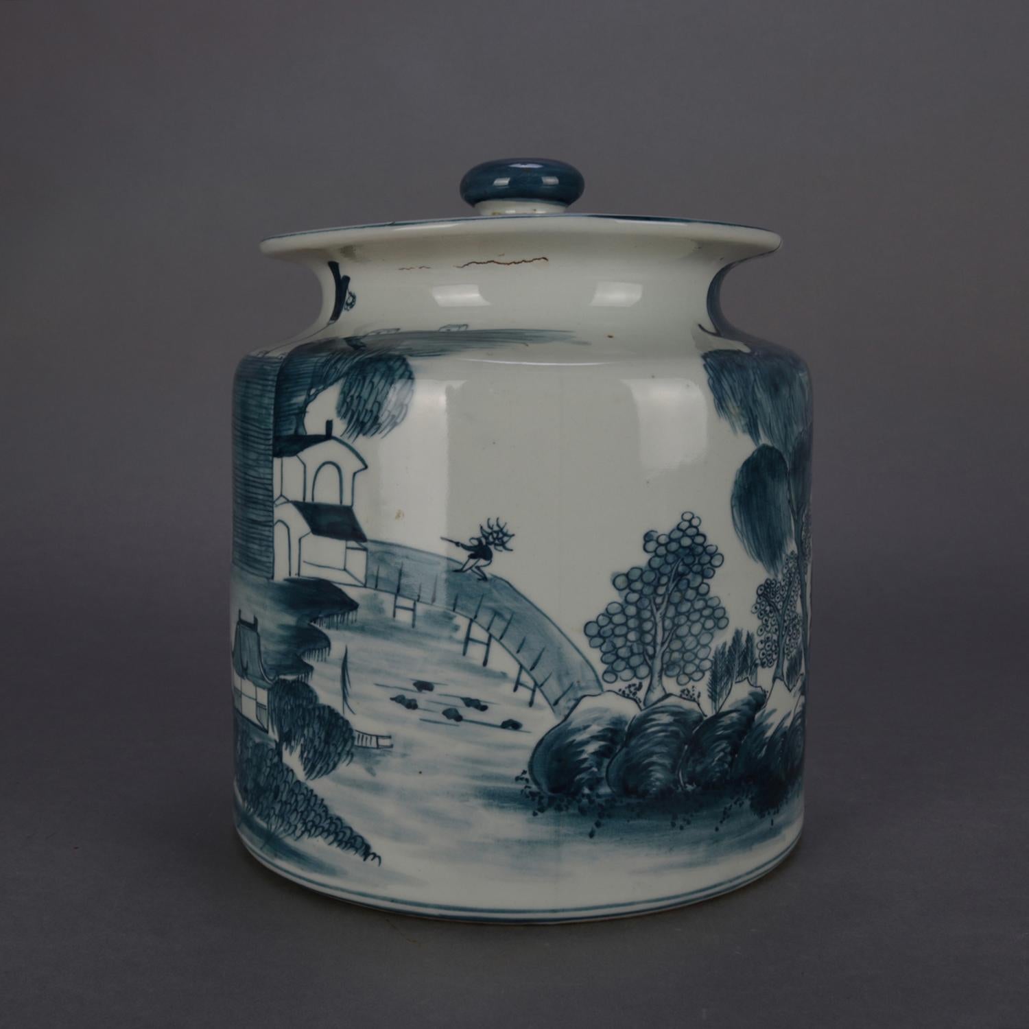 Hand-Painted Asian Canton Hand Painted Pictorial Covered Porcelain Jar, Village Scene