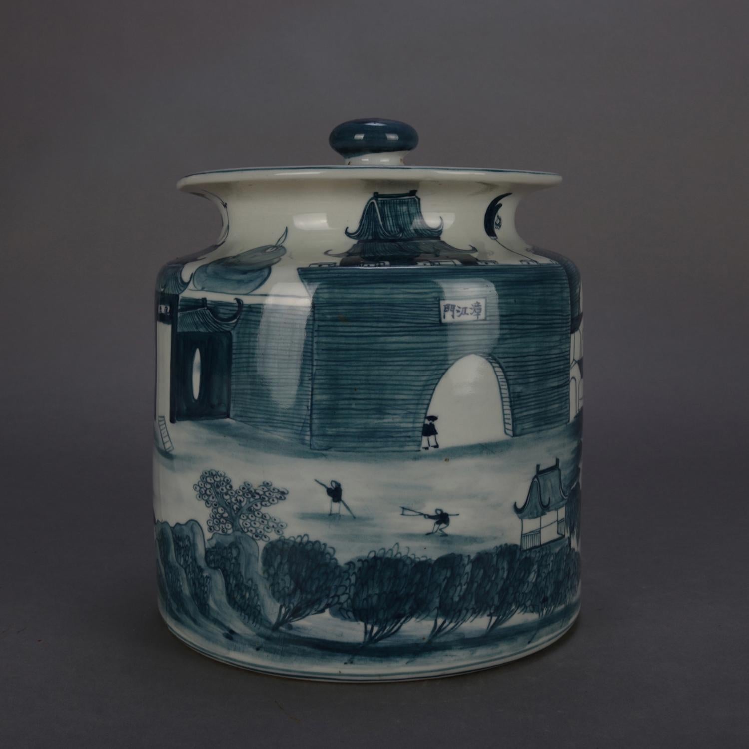 20th Century Asian Canton Hand Painted Pictorial Covered Porcelain Jar, Village Scene