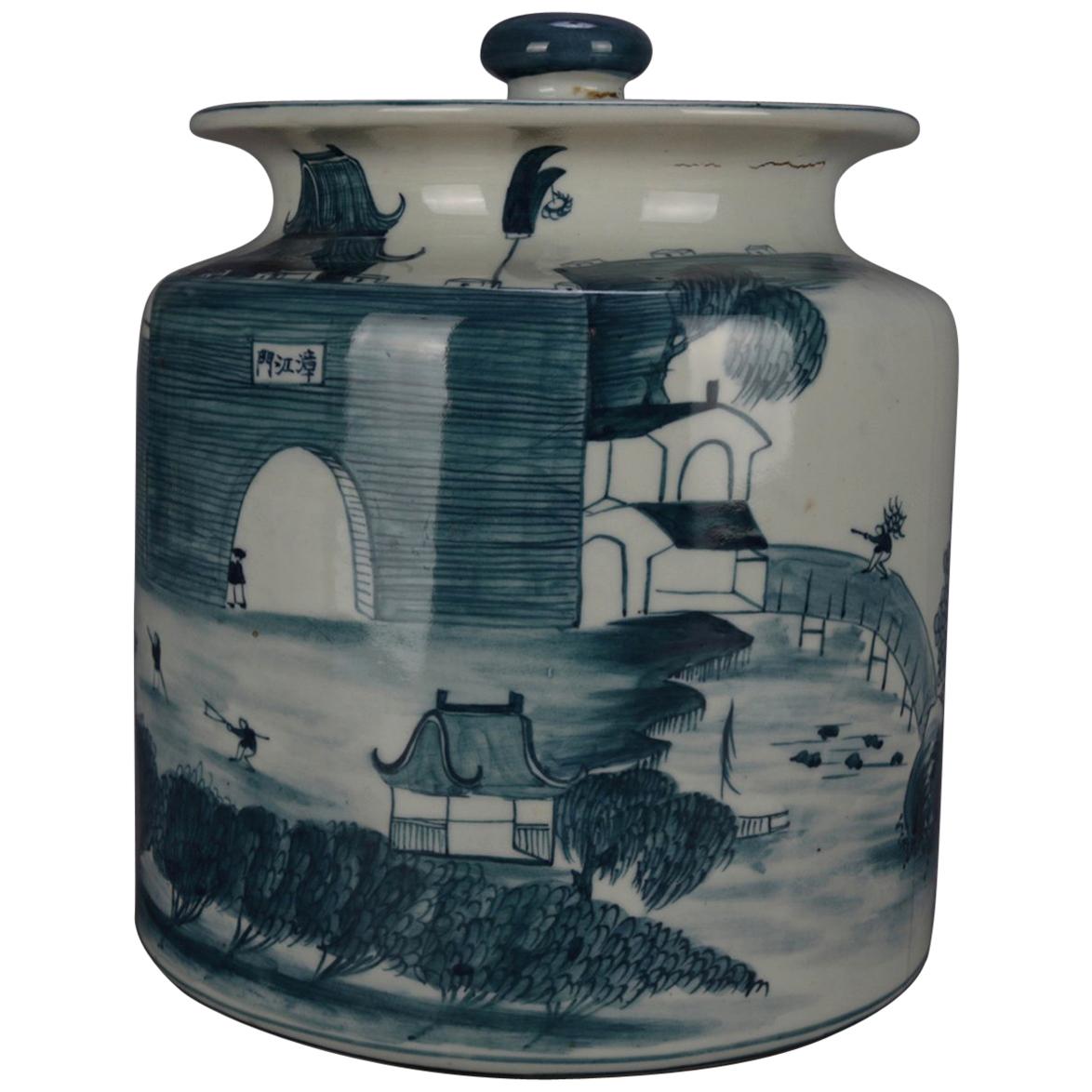 Asian Canton Hand Painted Pictorial Covered Porcelain Jar, Village Scene