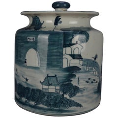 Asian Canton Hand Painted Pictorial Covered Porcelain Jar, Village Scene