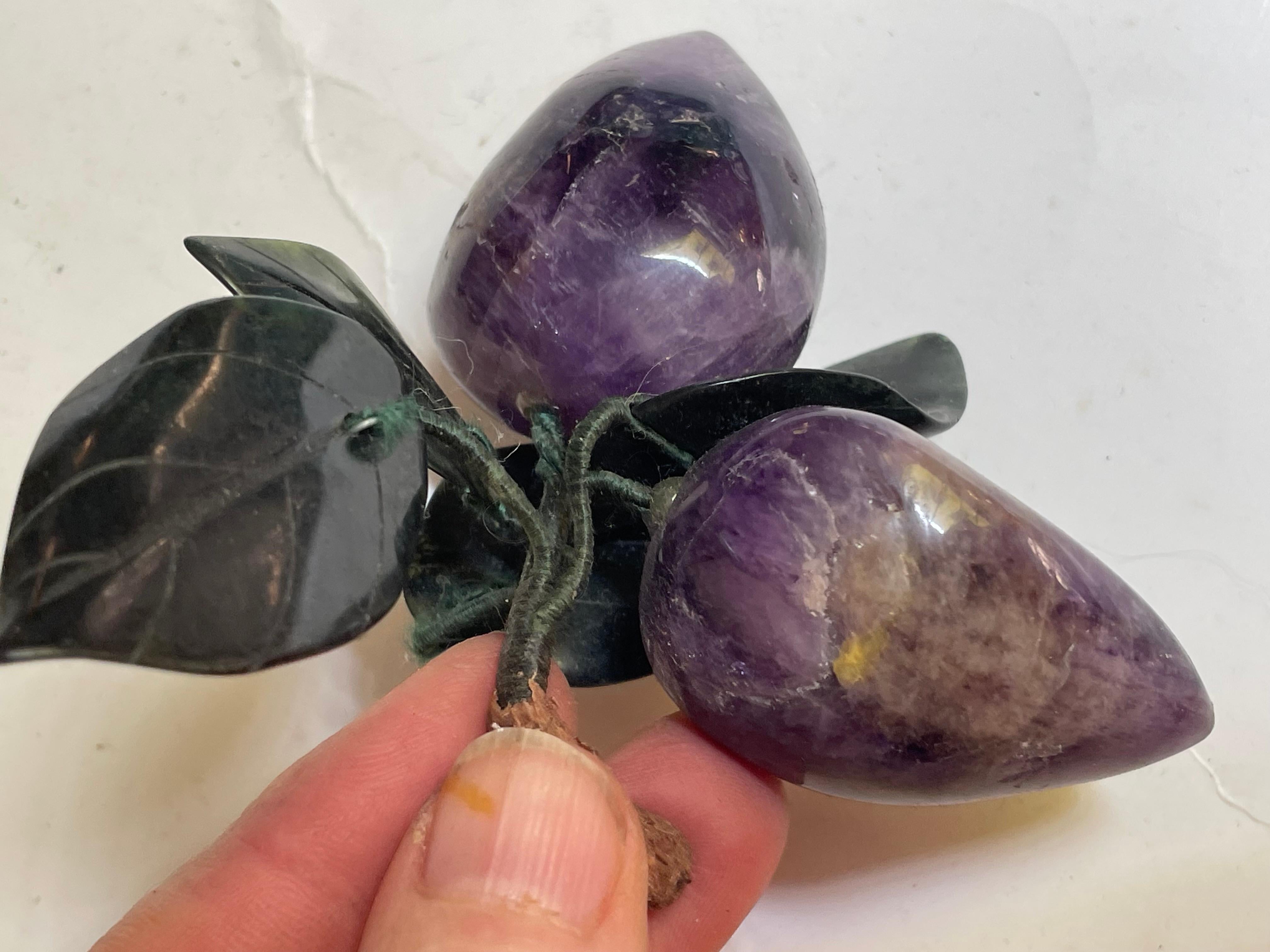 Mid-Century Modern Asian Carved Amethyst Plums Jade Leaves Hard Stone Fruit