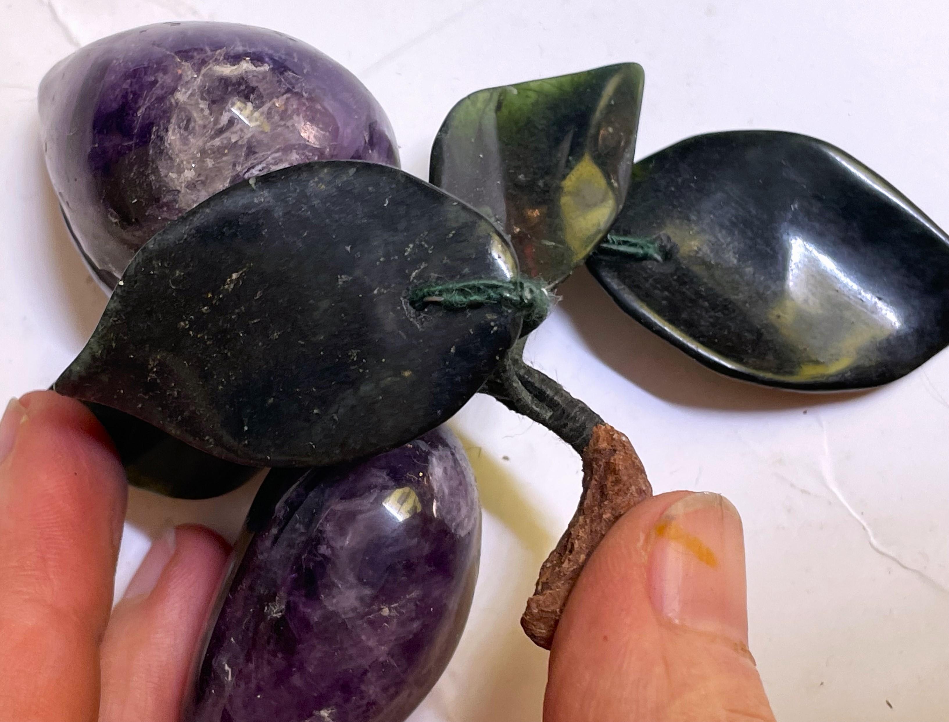 Chinese Asian Carved Amethyst Plums Jade Leaves Hard Stone Fruit