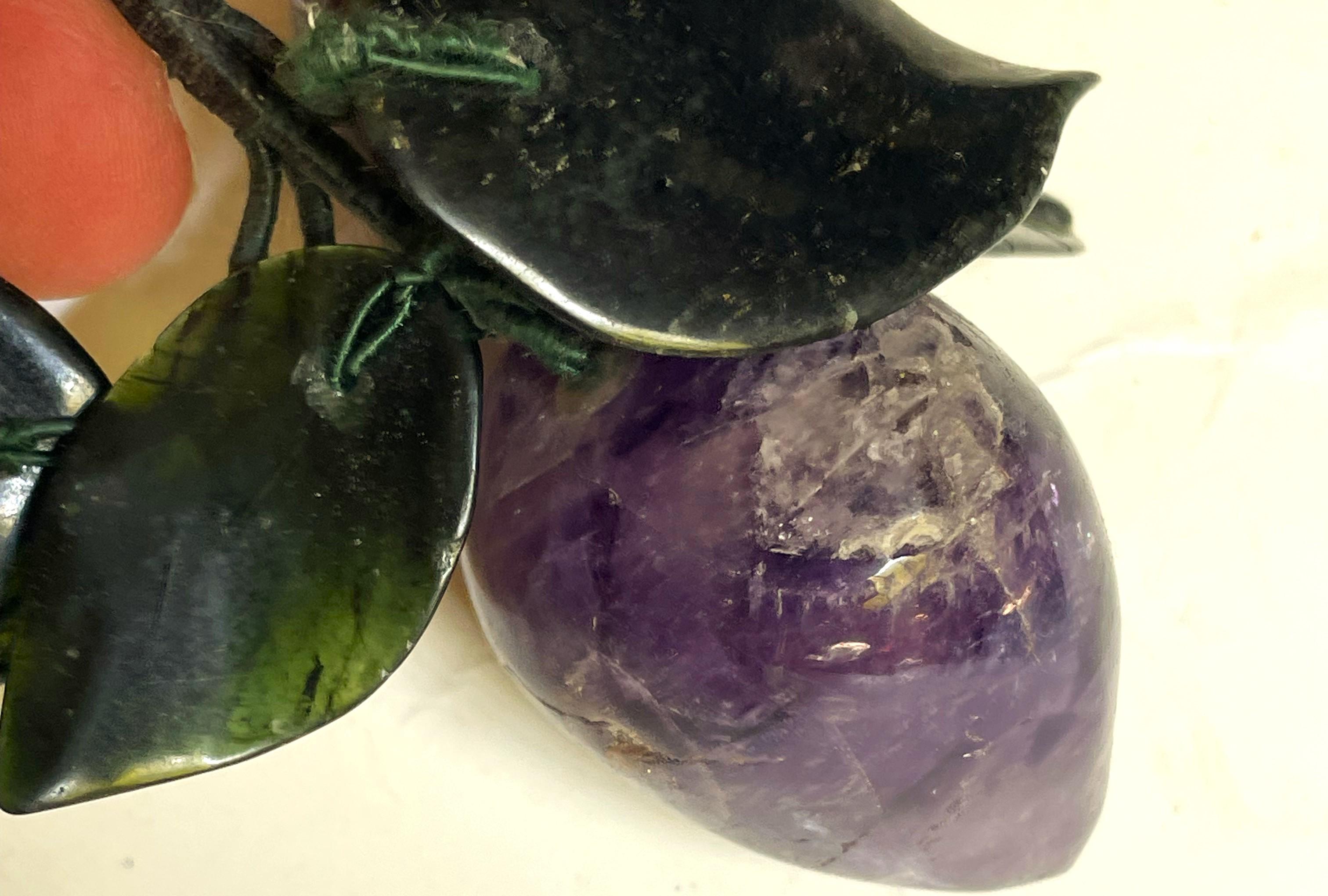Asian Carved Amethyst Plums Jade Leaves Hard Stone Fruit In Good Condition In Clifton Forge, VA