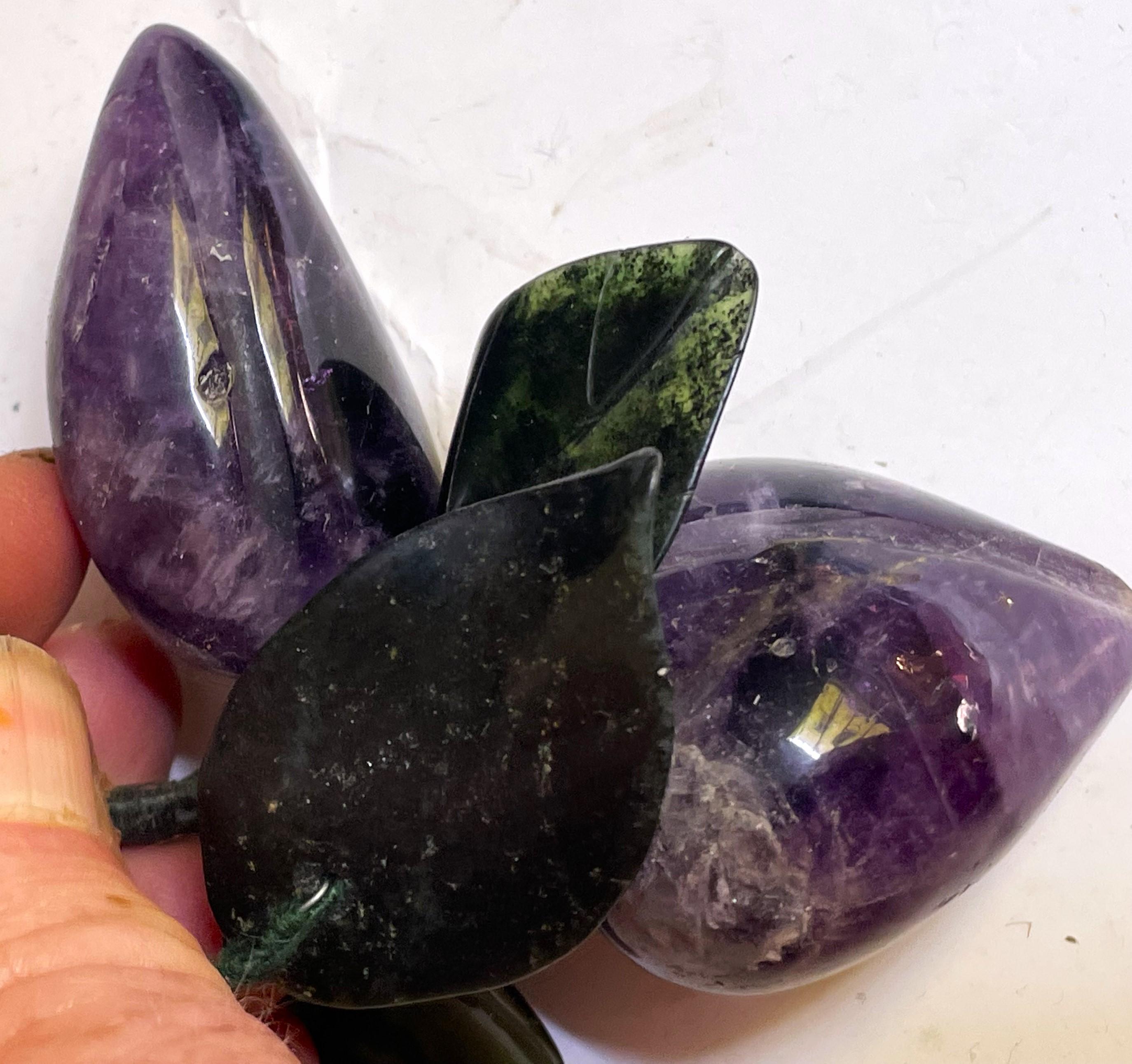 20th Century Asian Carved Amethyst Plums Jade Leaves Hard Stone Fruit