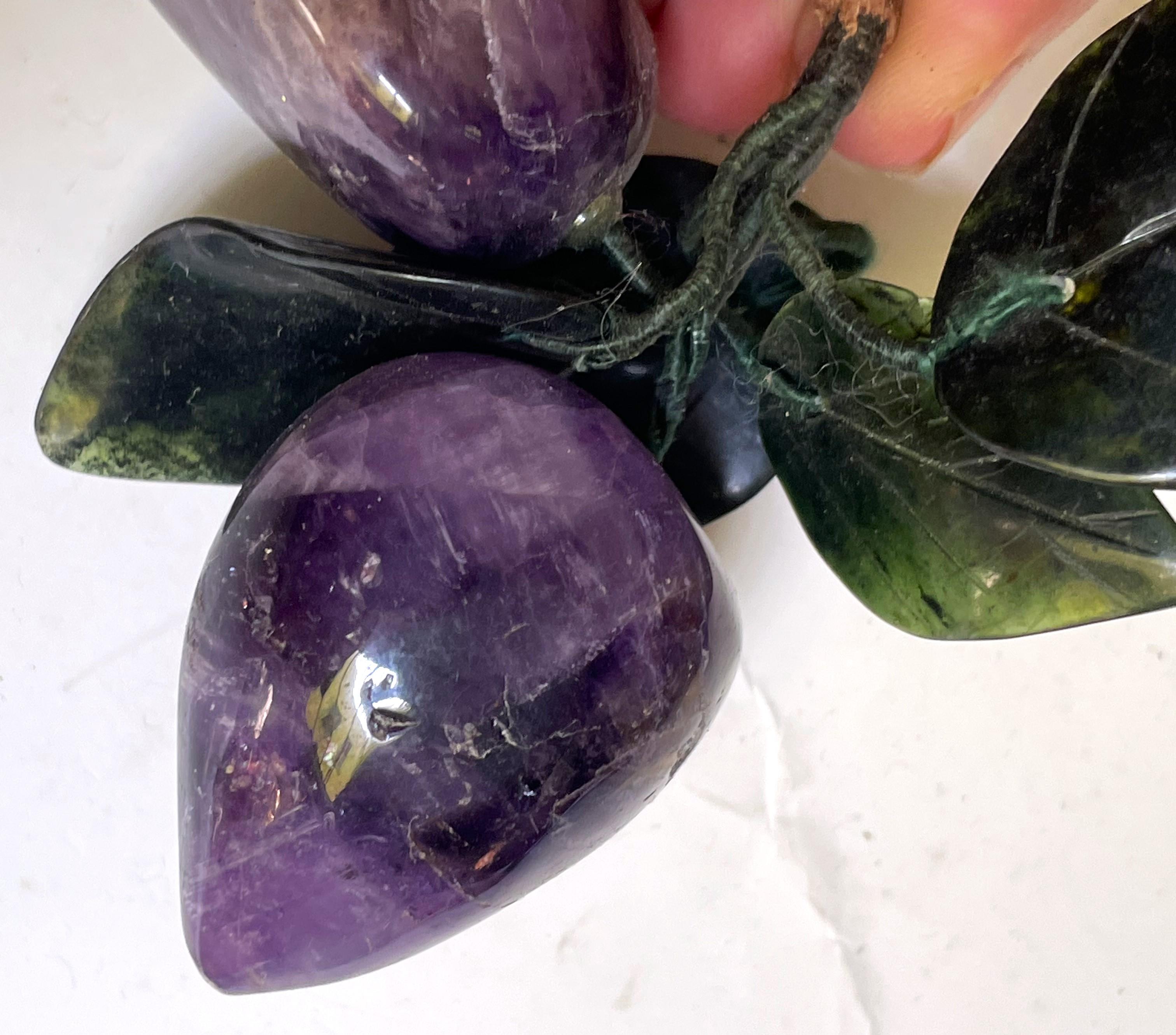 Asian Carved Amethyst Plums Jade Leaves Hard Stone Fruit 2