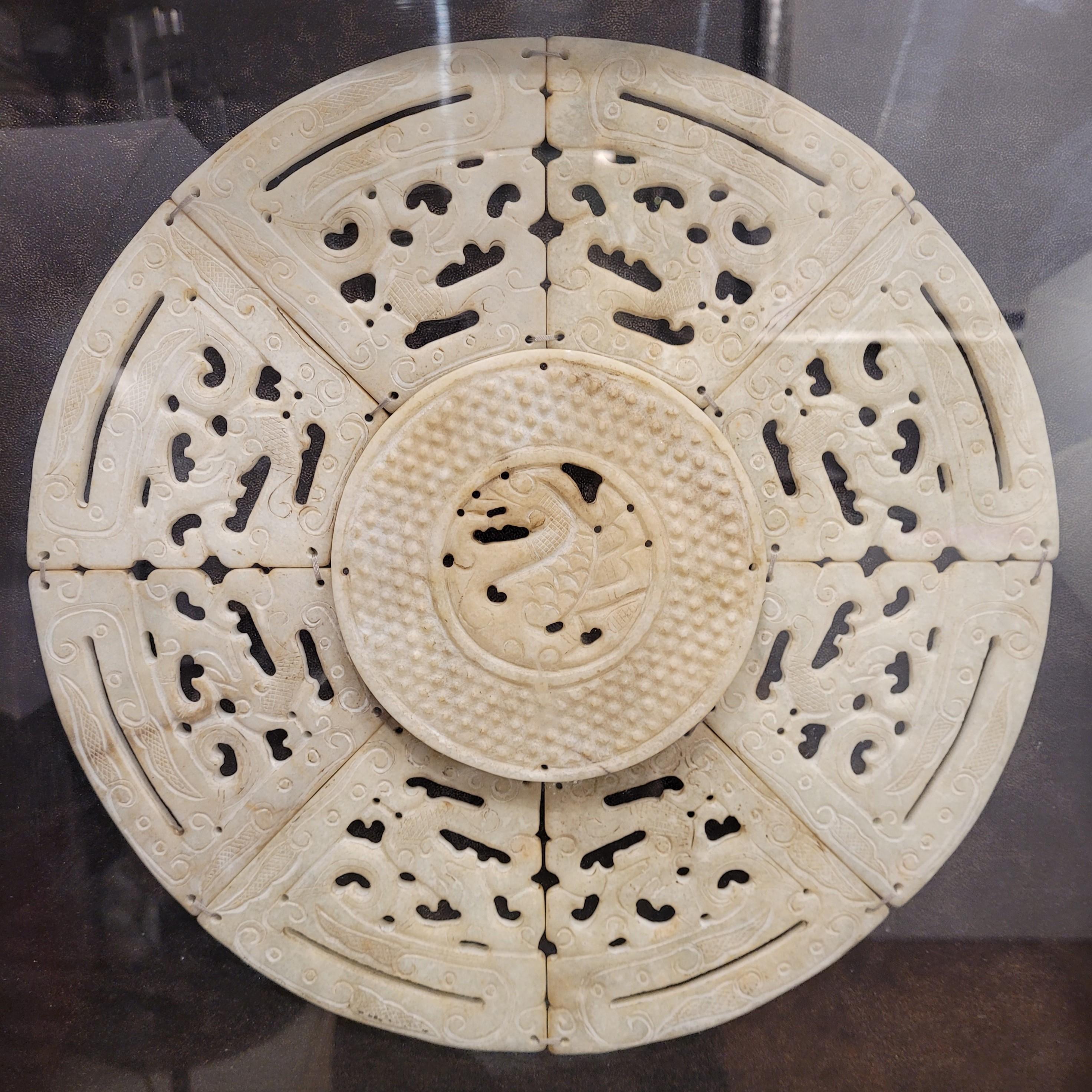 Chinese Export Asian carved and framed green Bi Disc, jadeite For Sale