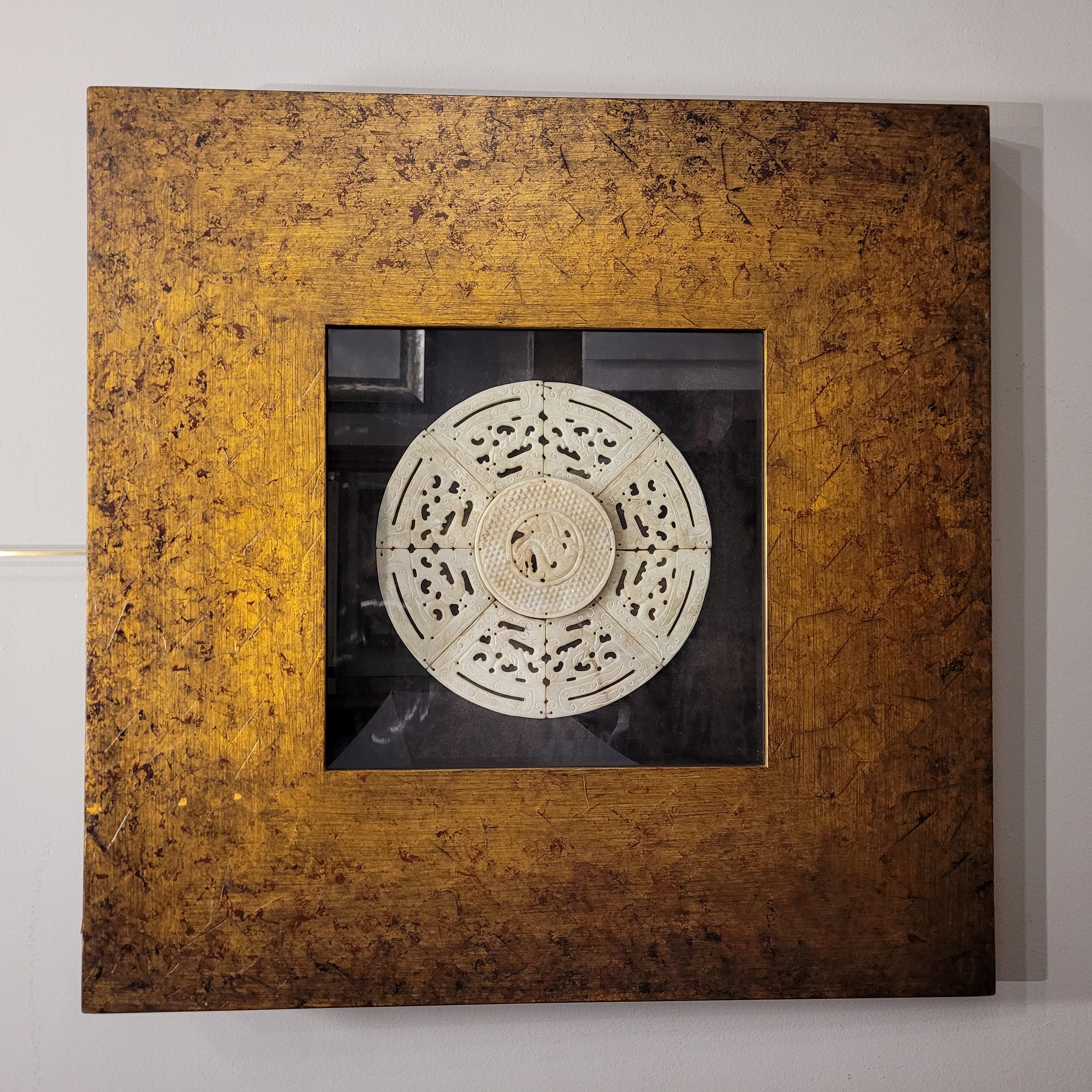 Chinese Asian carved and framed green Bi Disc, jadeite For Sale