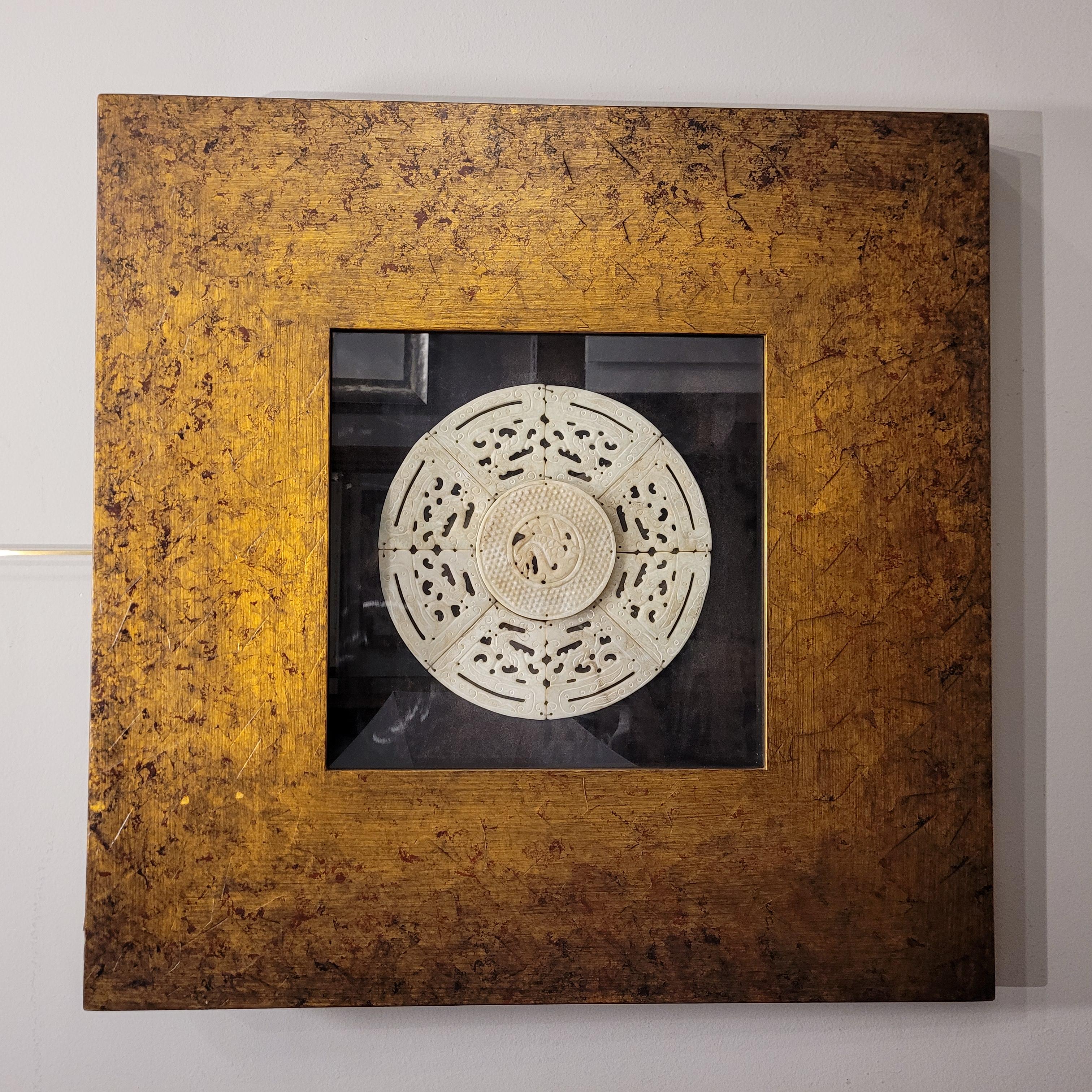 Hand-Crafted Asian carved and framed green Bi Disc, jadeite For Sale