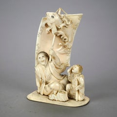 Asian Carved Bone Figure Grouping of Man Telling a Fish Tale, 20th C.