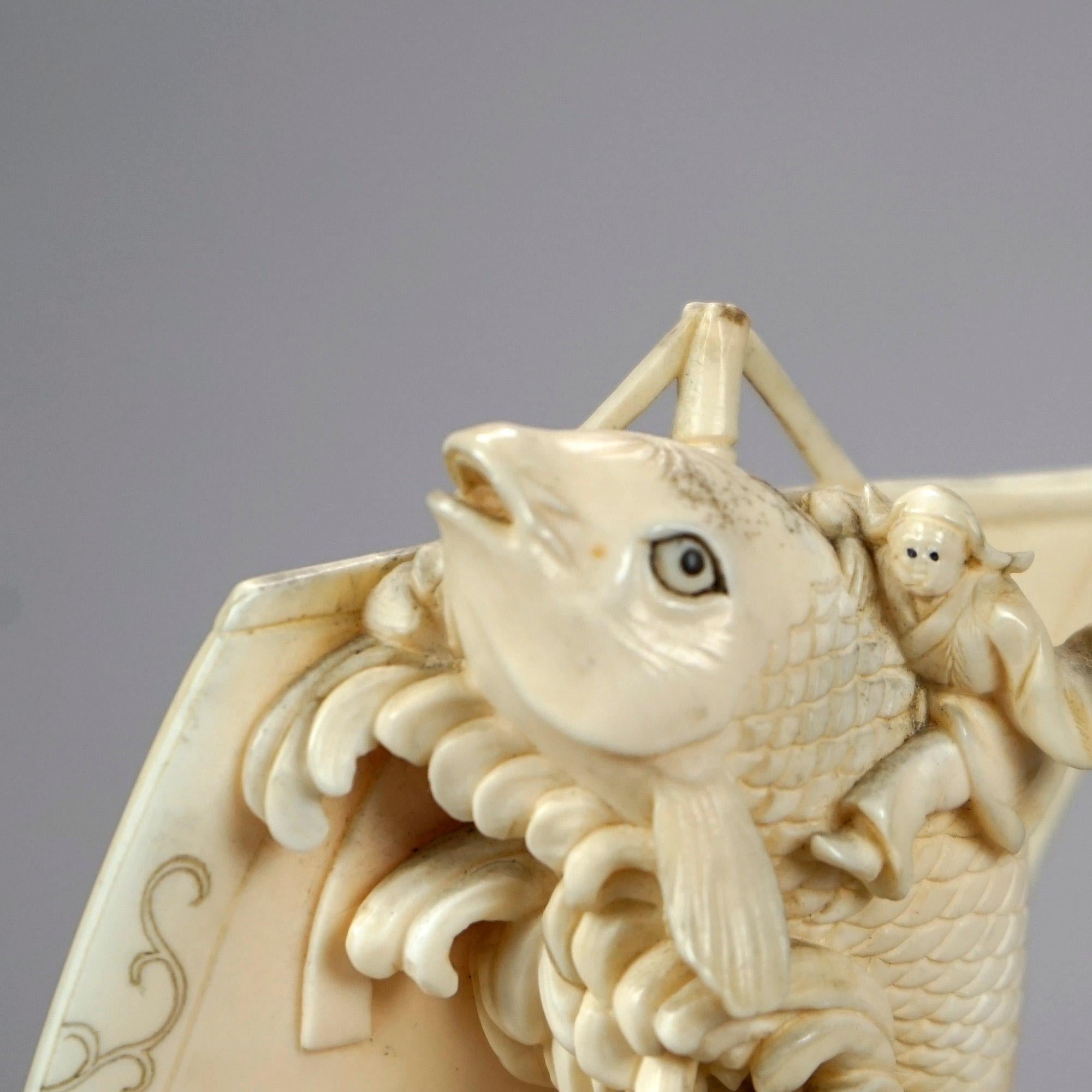 Asian Carved Bone Figure Grouping of Man Telling a Fish Tale, 20th C. 2
