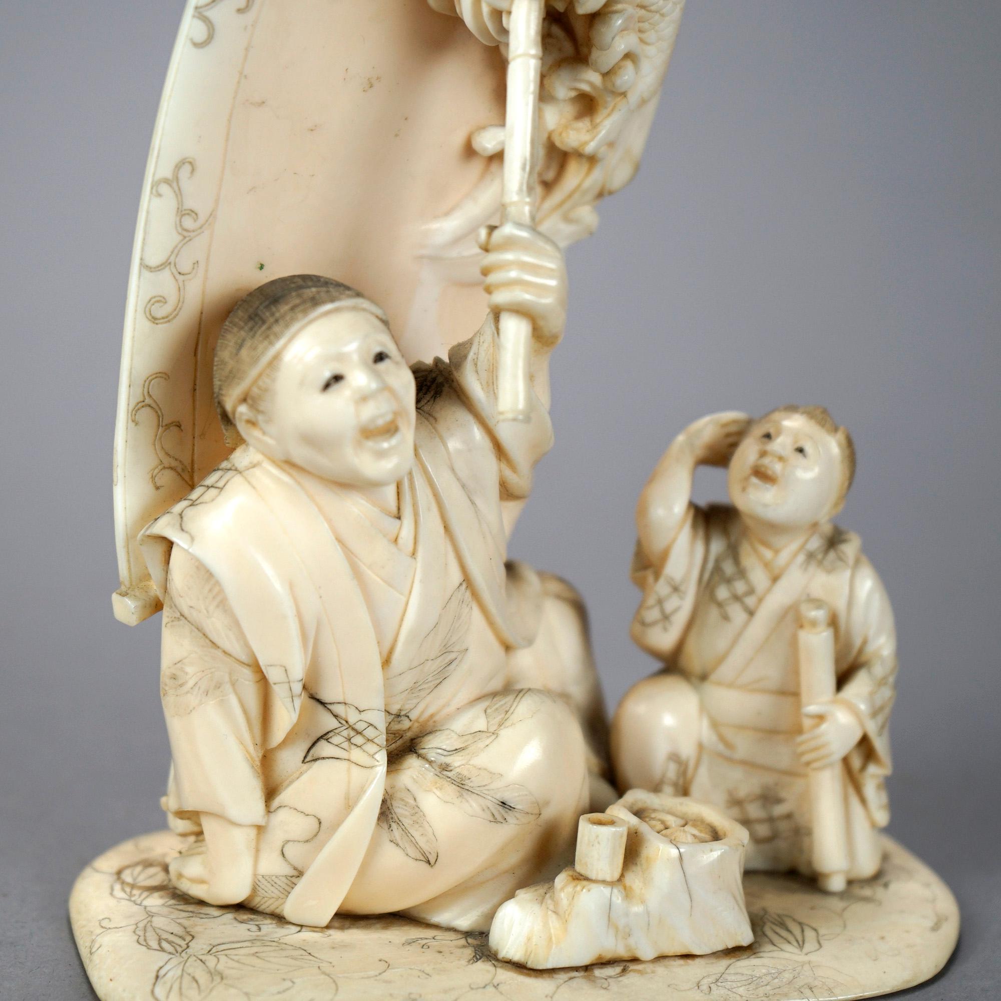Asian Carved Bone Figure Grouping of Man Telling a Fish Tale, 20th C. 3