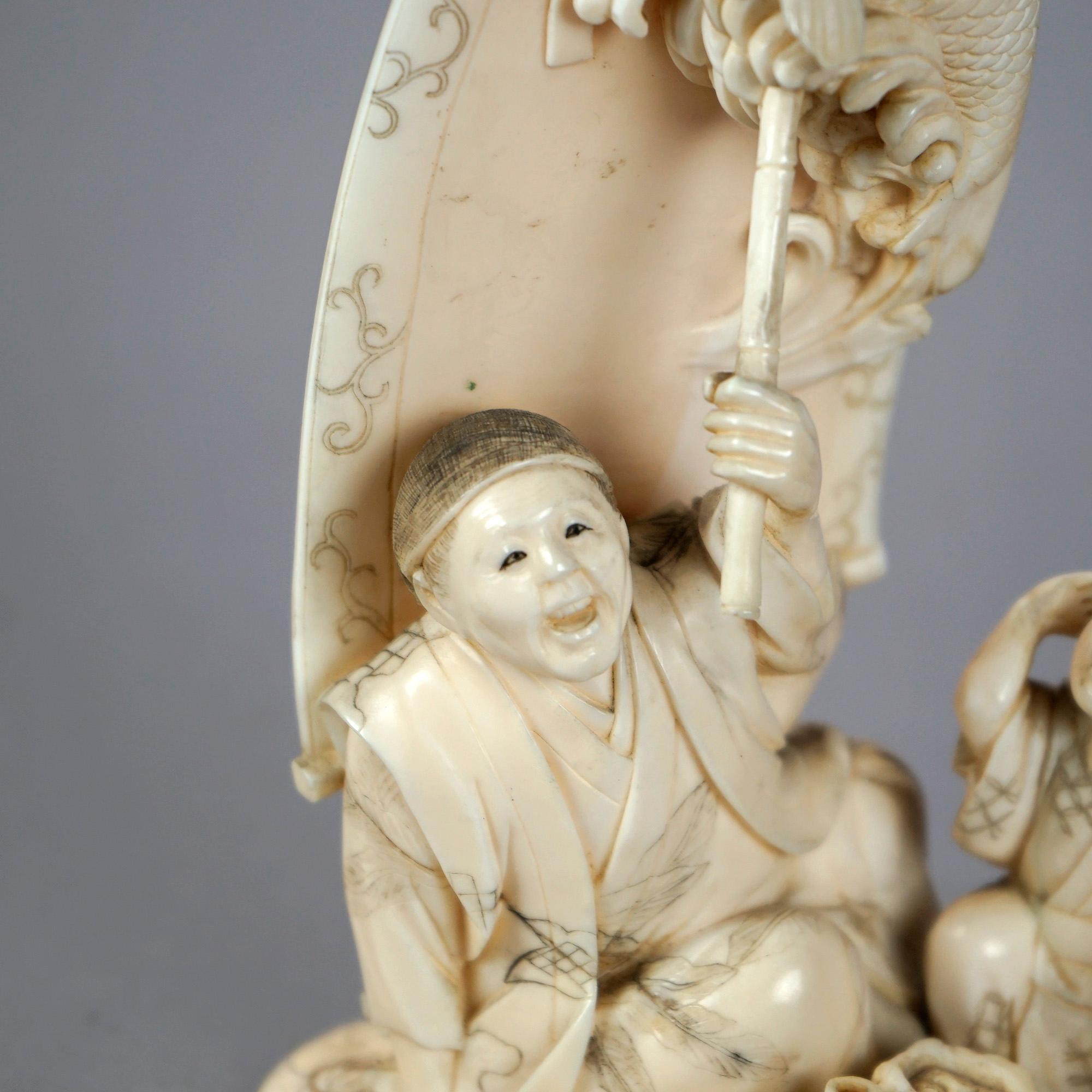 Asian Carved Bone Figure Grouping of Man Telling a Fish Tale, 20th C. 5