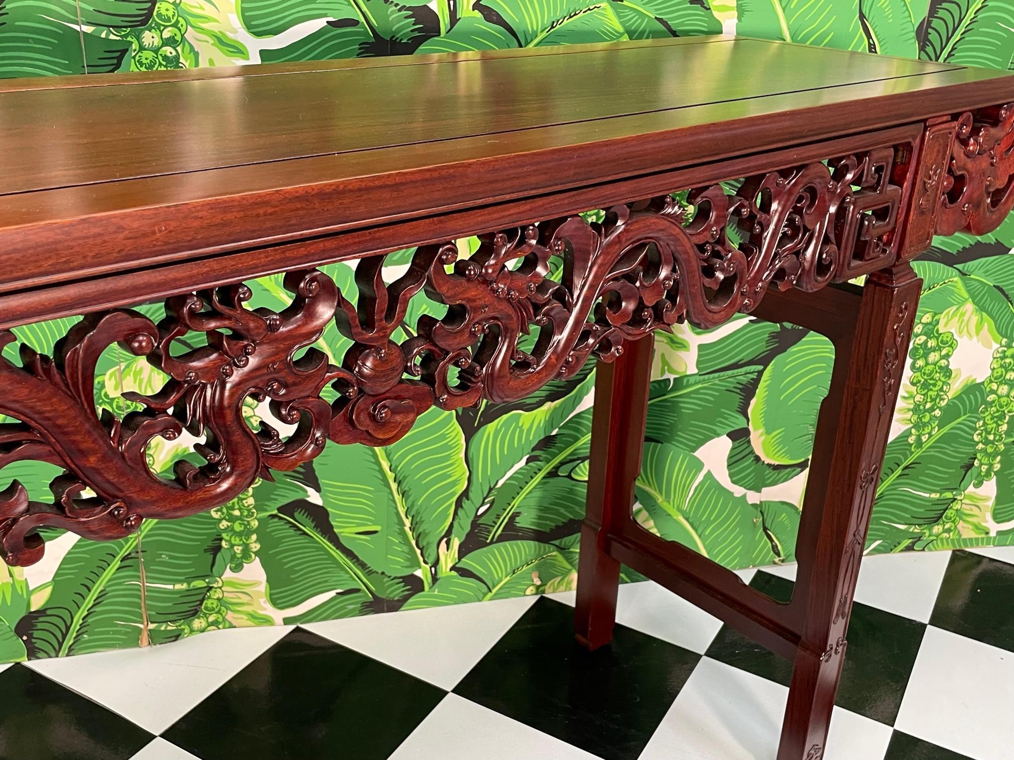 Wood Asian Carved Dragon Console Altar Table For Sale