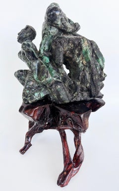 Asian Carved Figurative Precious Stone Sculpture on Root Stand