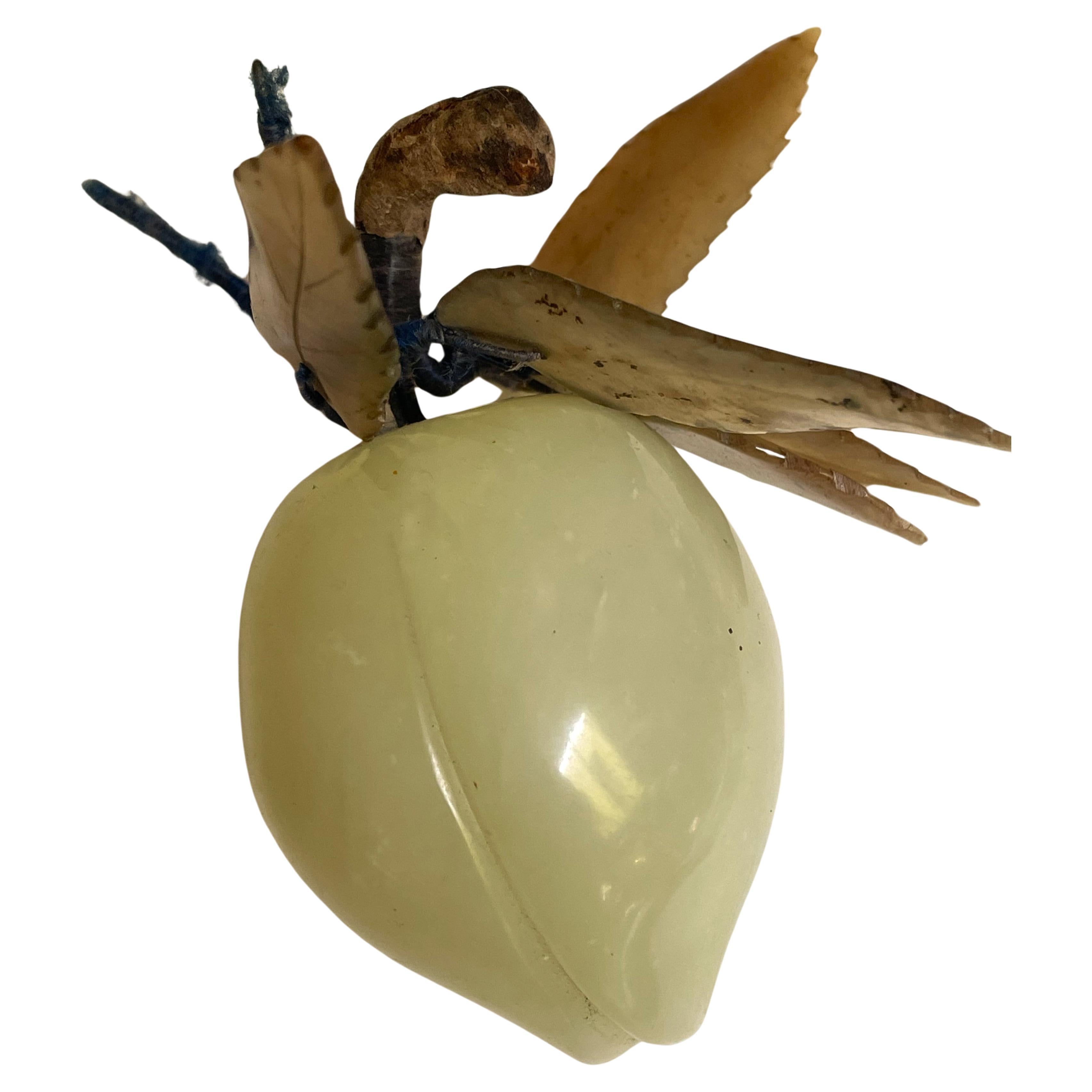 Jade Asiático Tallado Ciruela/Melocotón Fruta de Piedra Dura Hojas Talladas