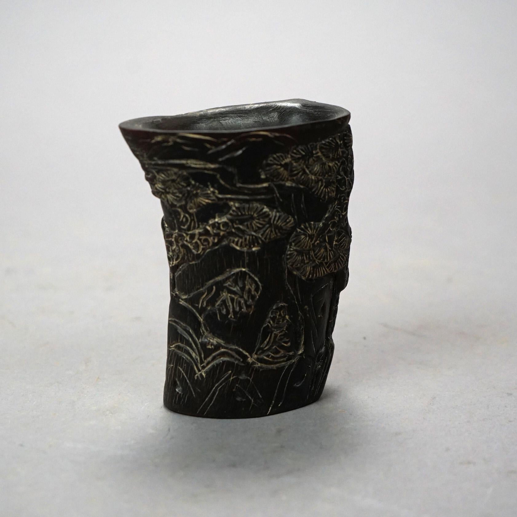 Asian Carved Libation Cup, Genre Scene with Men in Chess Game, 20th C.  

Measures - 4