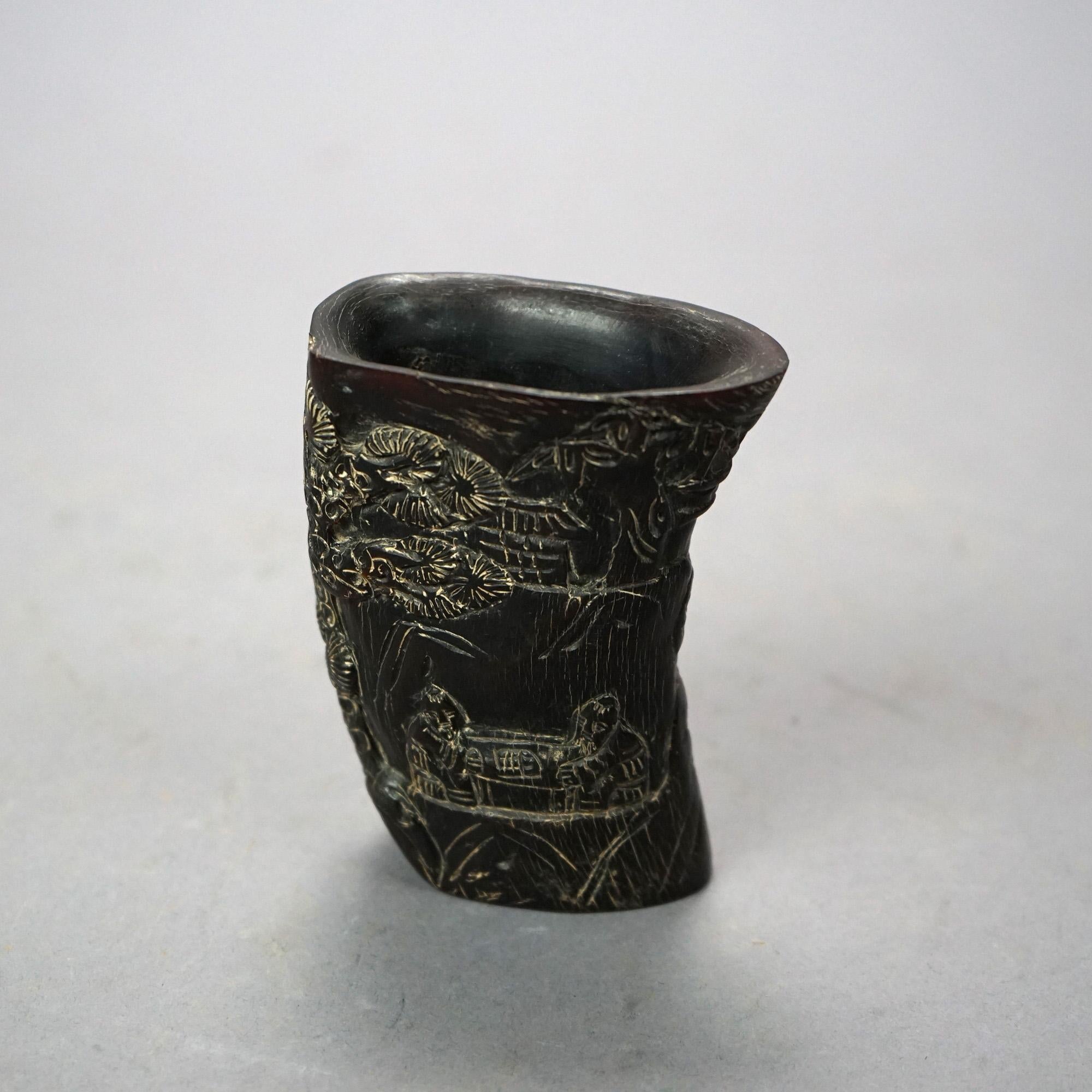 Asian Carved Libation Cup, Genre Scene with Men in Chess Game 20th C In Good Condition For Sale In Big Flats, NY