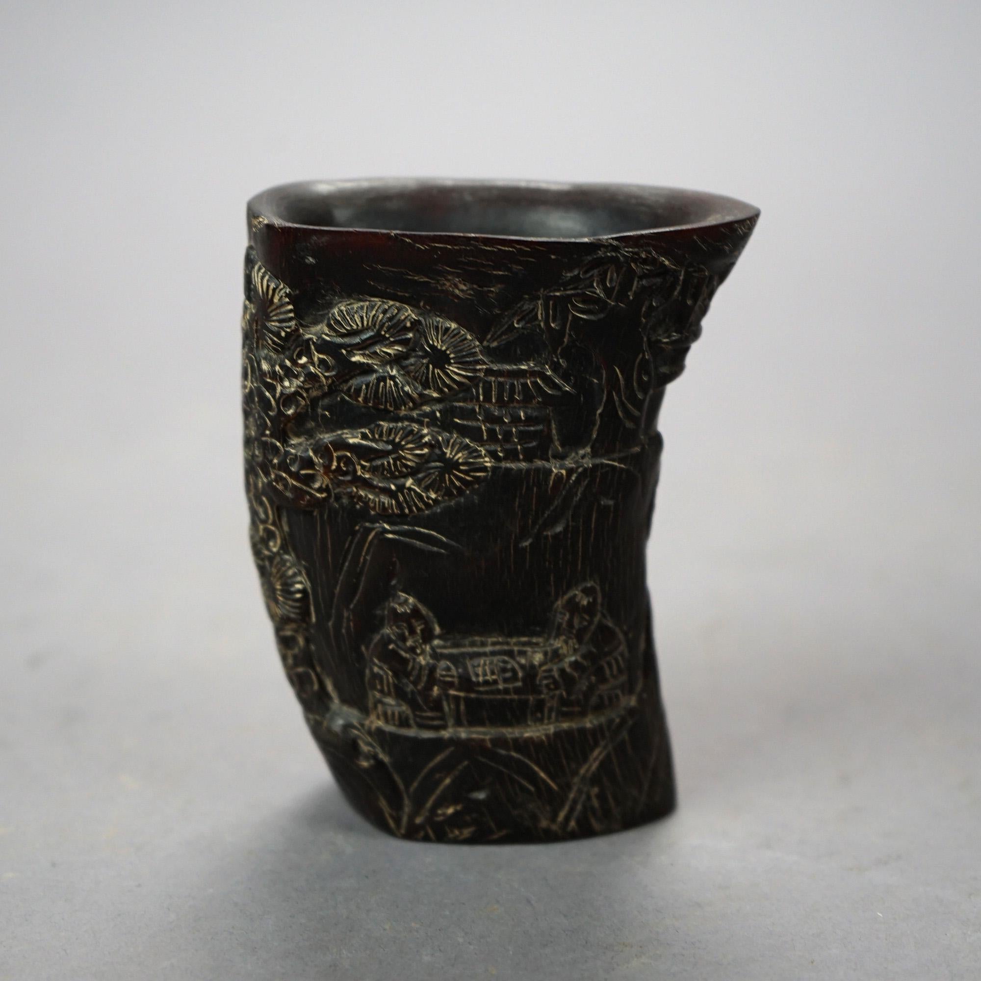 20th Century Asian Carved Libation Cup, Genre Scene with Men in Chess Game 20th C For Sale