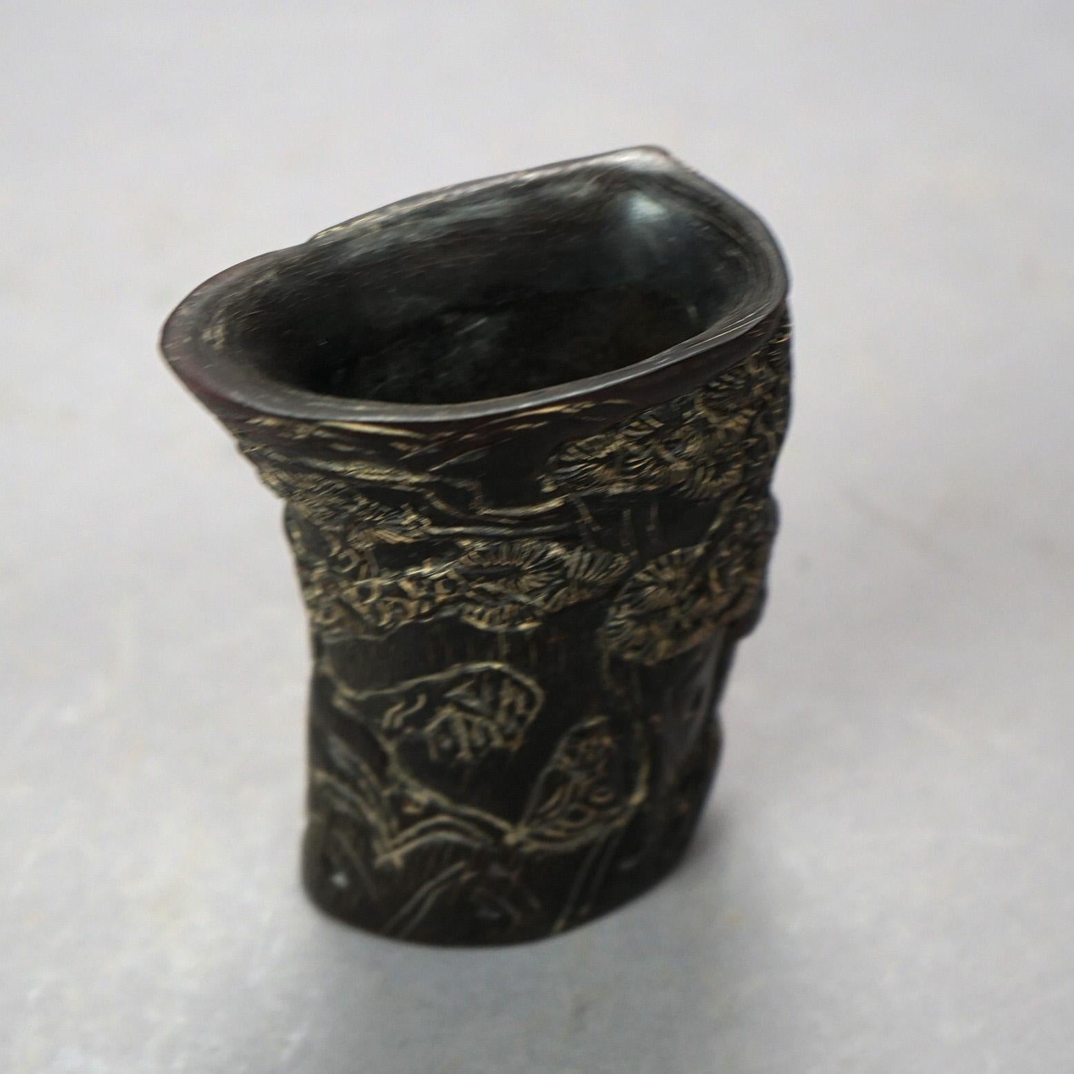 Wood Asian Carved Libation Cup, Genre Scene with Men in Chess Game 20th C For Sale