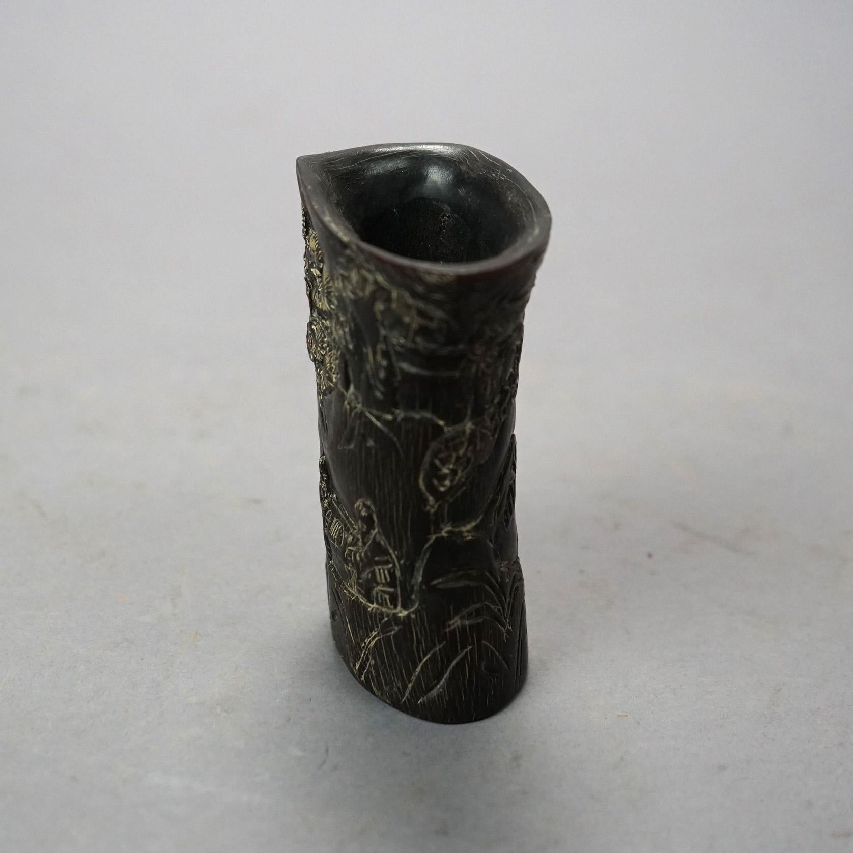 Asian Carved Libation Cup, Genre Scene with Men in Chess Game 20th C For Sale 2
