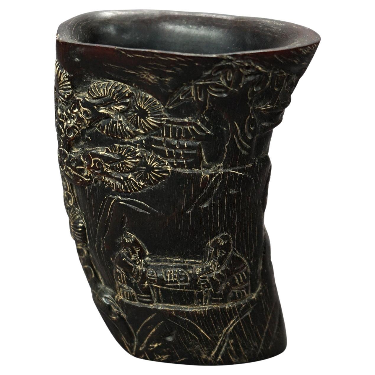 Asian Carved Libation Cup, Genre Scene with Men in Chess Game 20th C For Sale