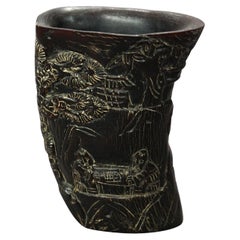 Asian Carved Libation Cup, Genre Scene with Men in Chess Game 20th C