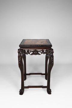 Asian Carved Pedestal Table with Marble Top, Dragons and Flowers, circa 1890