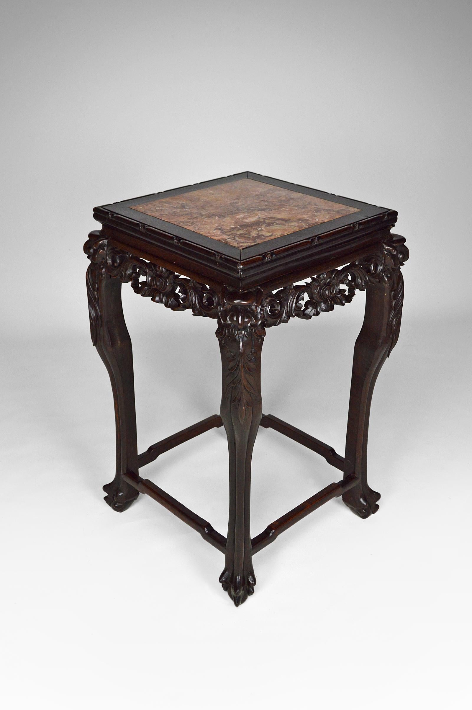 East Asian Asian Carved Pedestal Table with Marble Top, Dragons and Flowers, circa 1890 For Sale