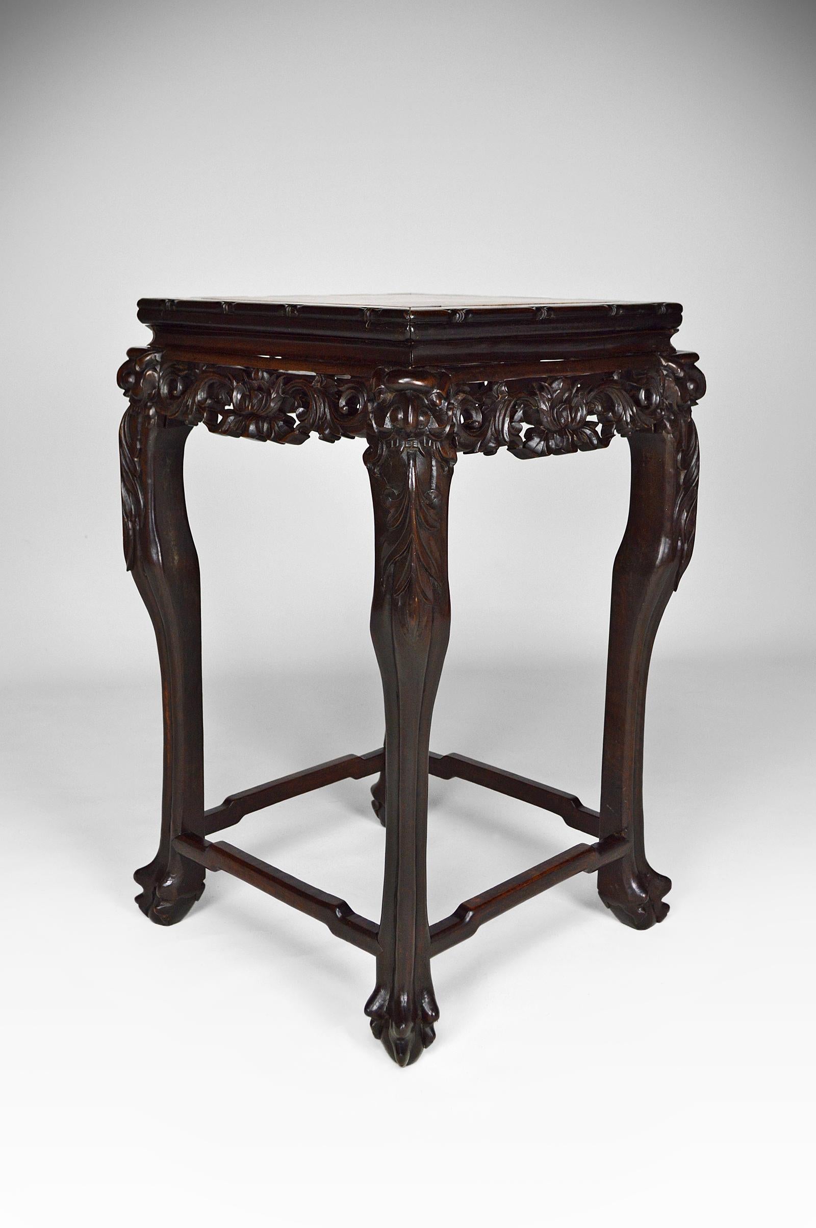 Late 19th Century Asian Carved Pedestal Table with Marble Top, Dragons and Flowers, circa 1890 For Sale
