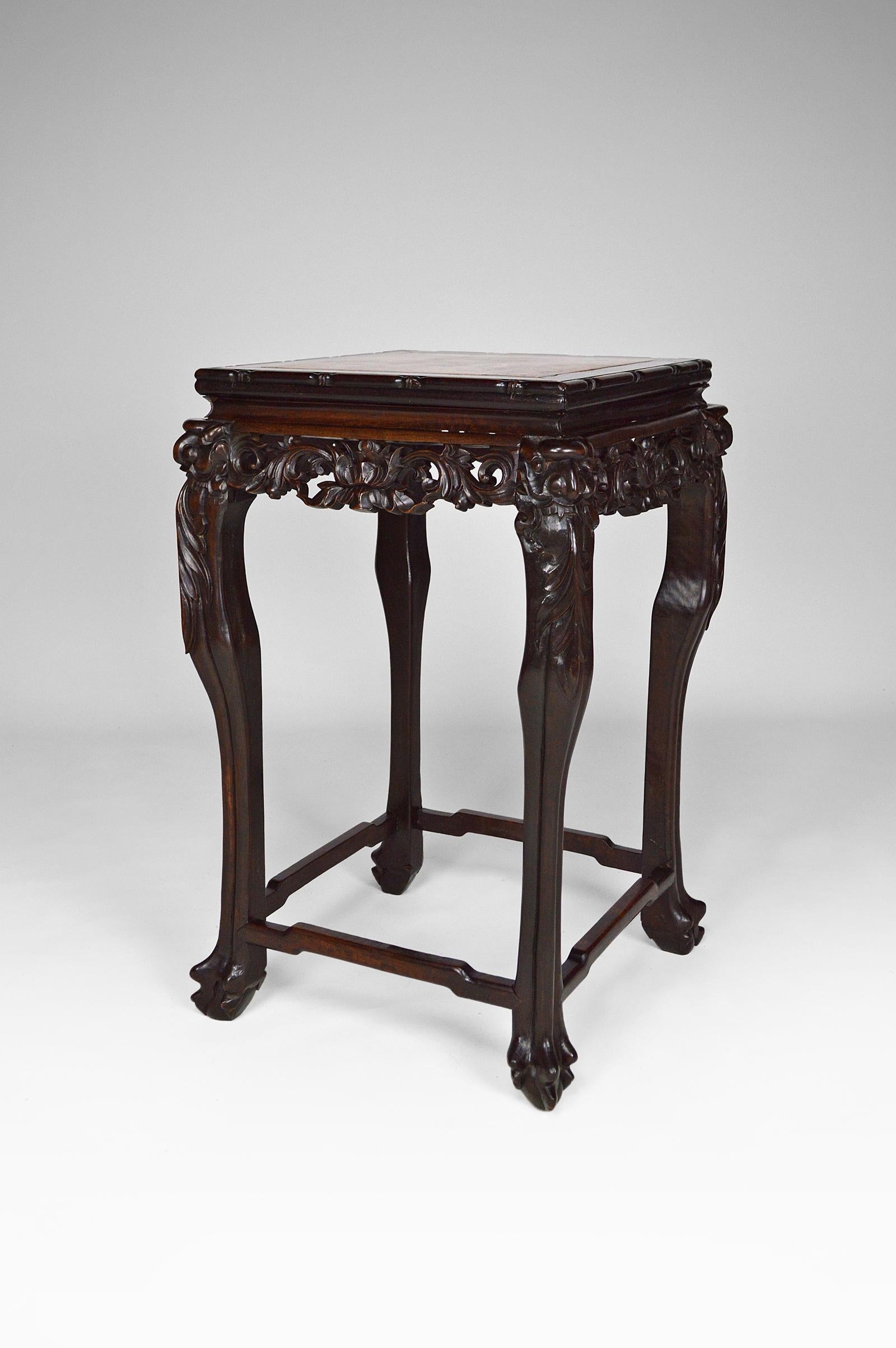 Asian Carved Pedestal Table with Marble Top, Dragons and Flowers, circa 1890 For Sale 1