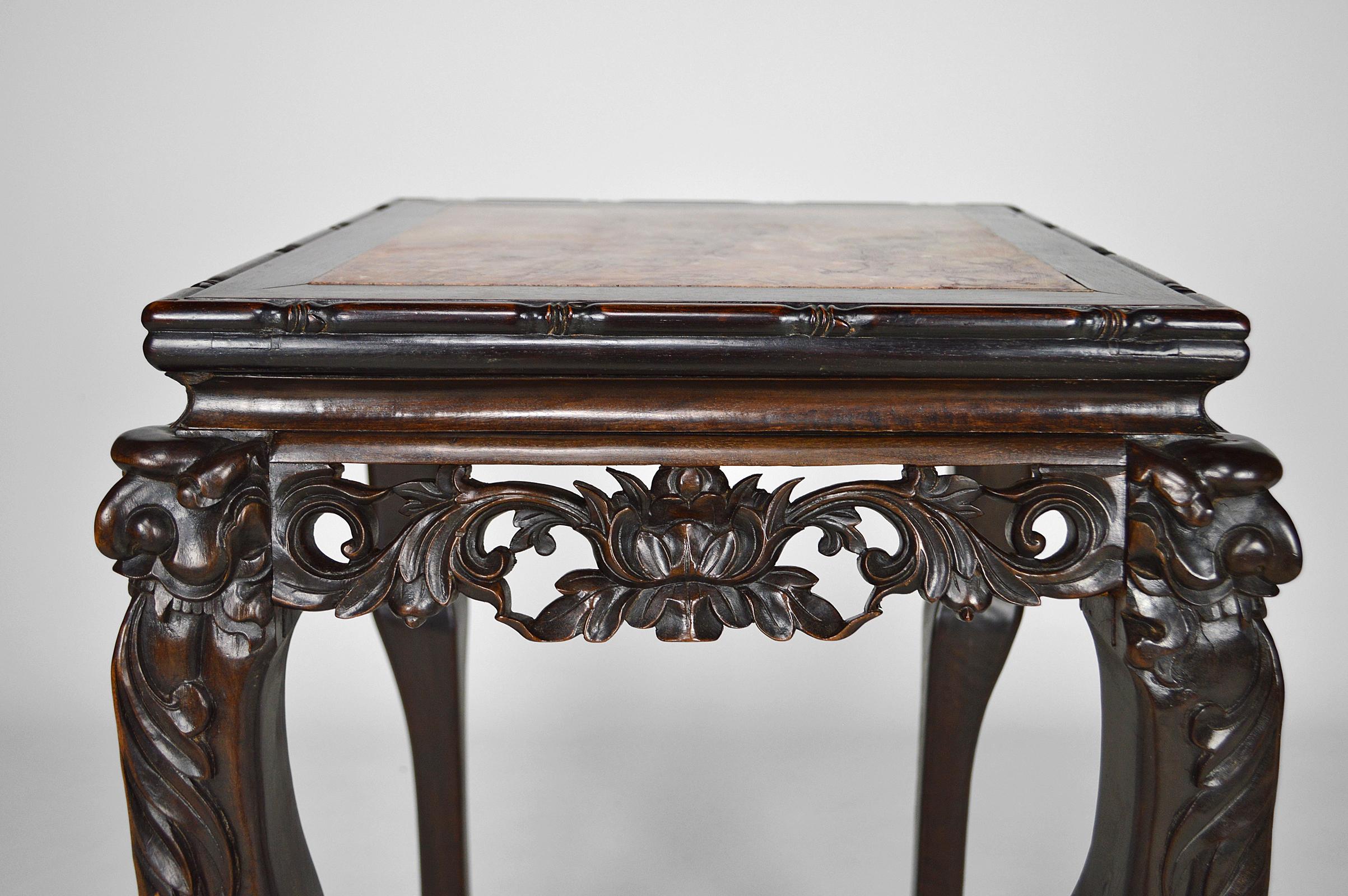 Asian Carved Pedestal Table with Marble Top, Dragons and Flowers, circa 1890 For Sale 3