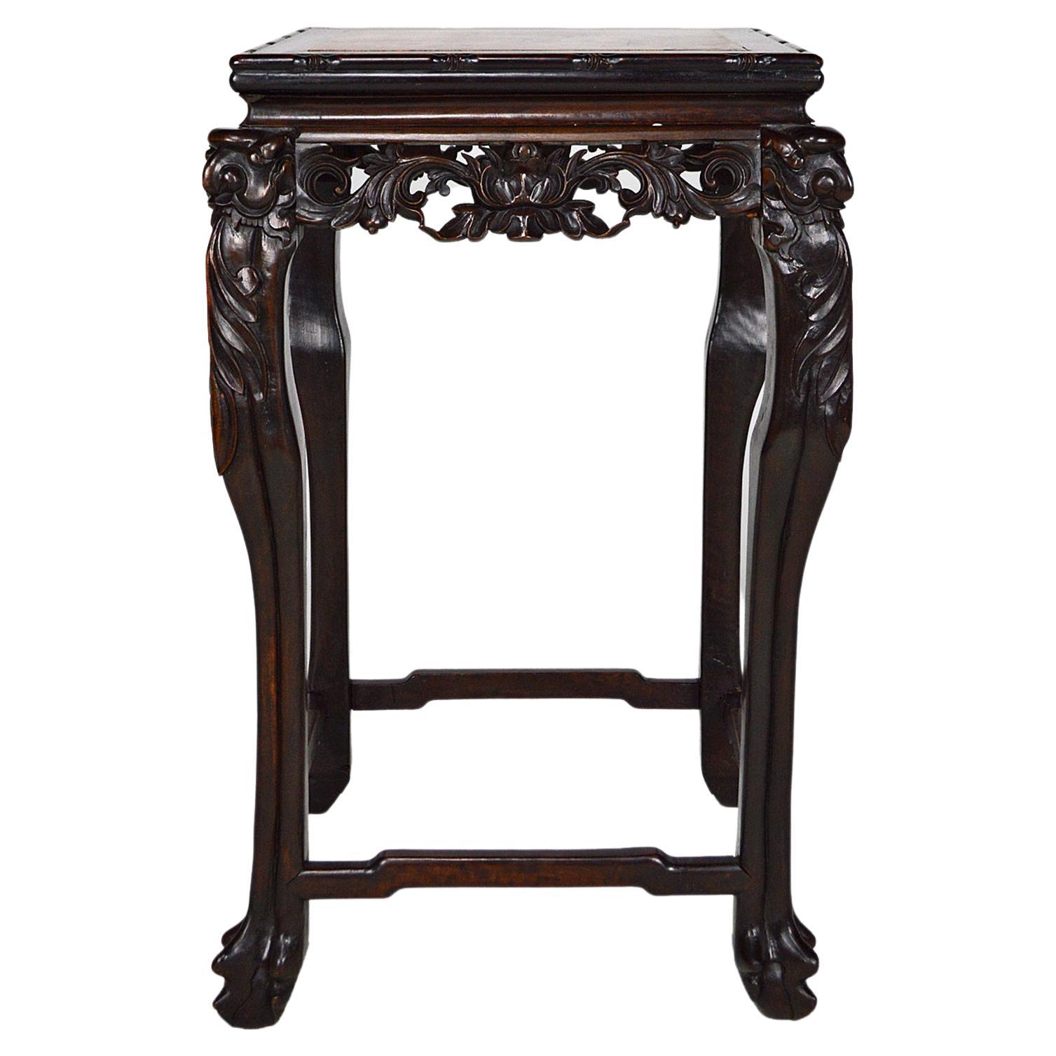 Asian Carved Pedestal Table with Marble Top, Dragons and Flowers, circa 1890 For Sale