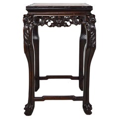 Antique Asian Carved Pedestal Table with Marble Top, Dragons and Flowers, circa 1890
