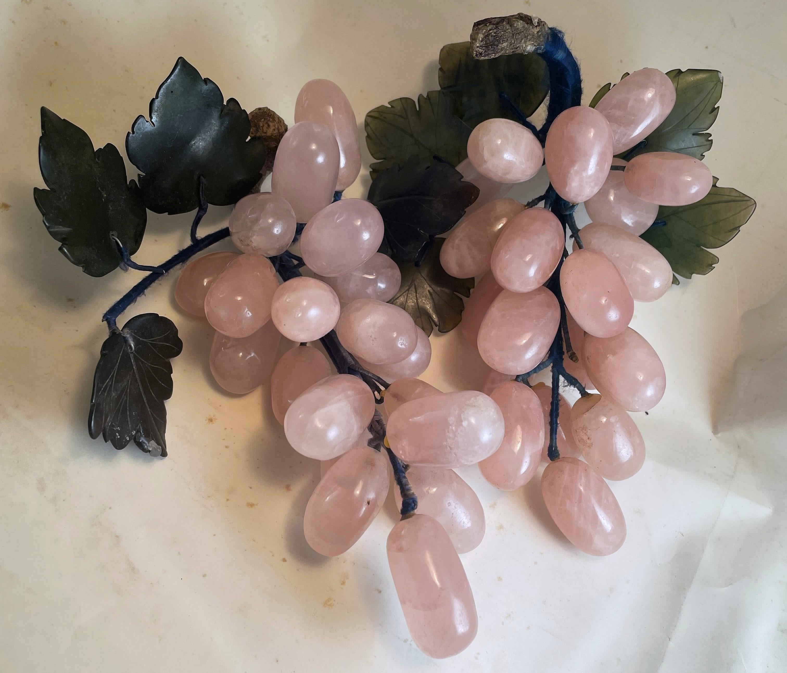 Mid-Century Modern Asian Carved Rose Quartz Stone Fruit Grape Bunches Jade Leaves Decorative a Pair For Sale