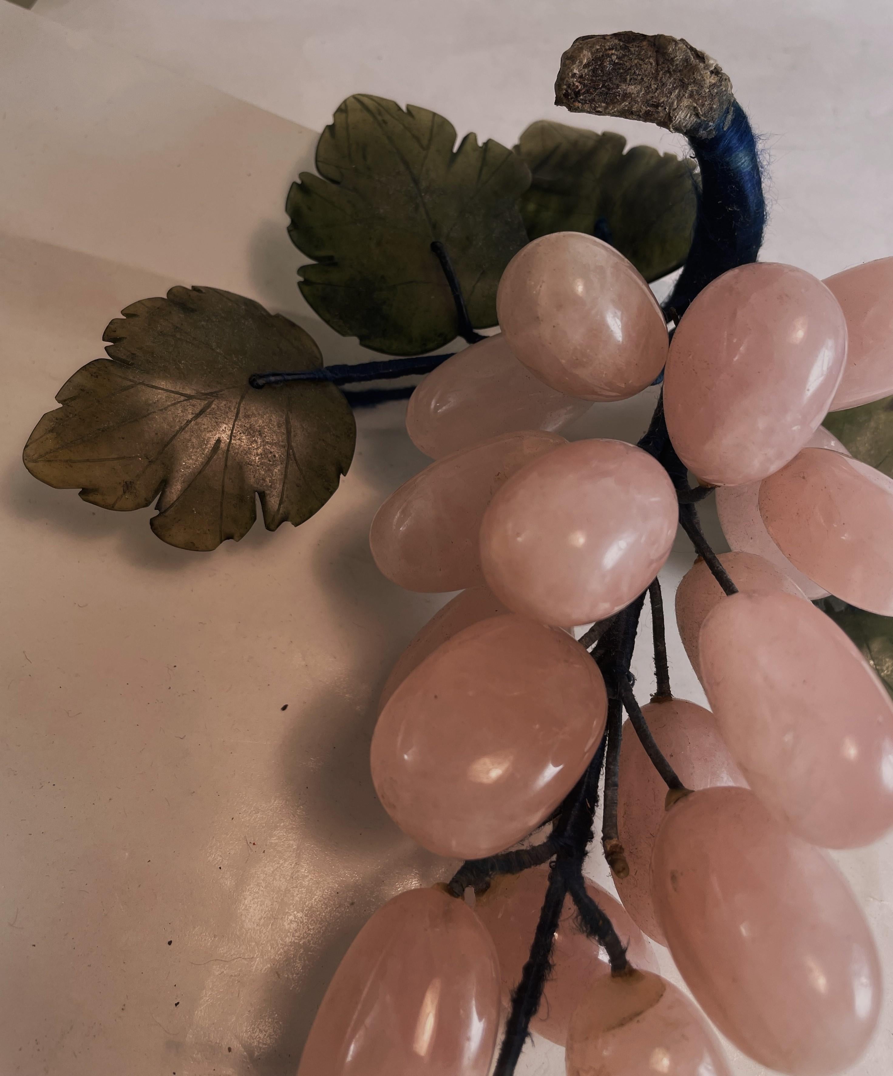 Chinese Asian Carved Rose Quartz Stone Fruit Grape Bunches Jade Leaves Decorative a Pair For Sale