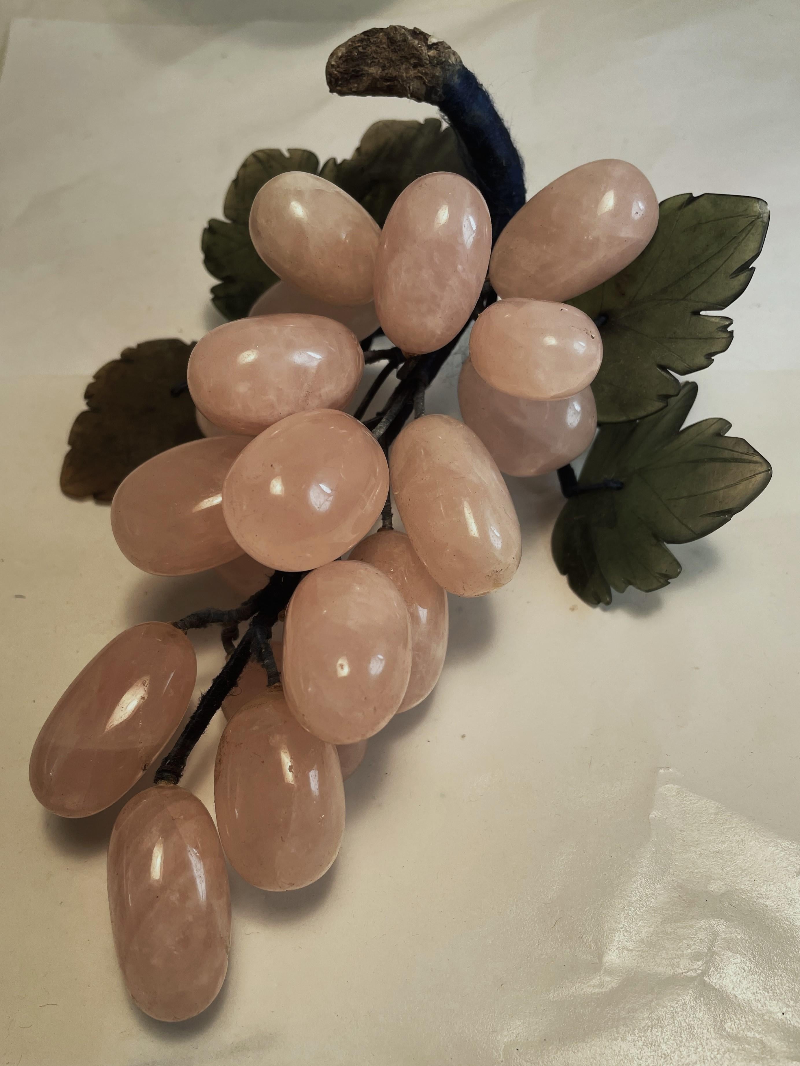 Asian Carved Rose Quartz Stone Fruit Grape Bunches Jade Leaves Decorative a Pair In Fair Condition For Sale In Clifton Forge, VA