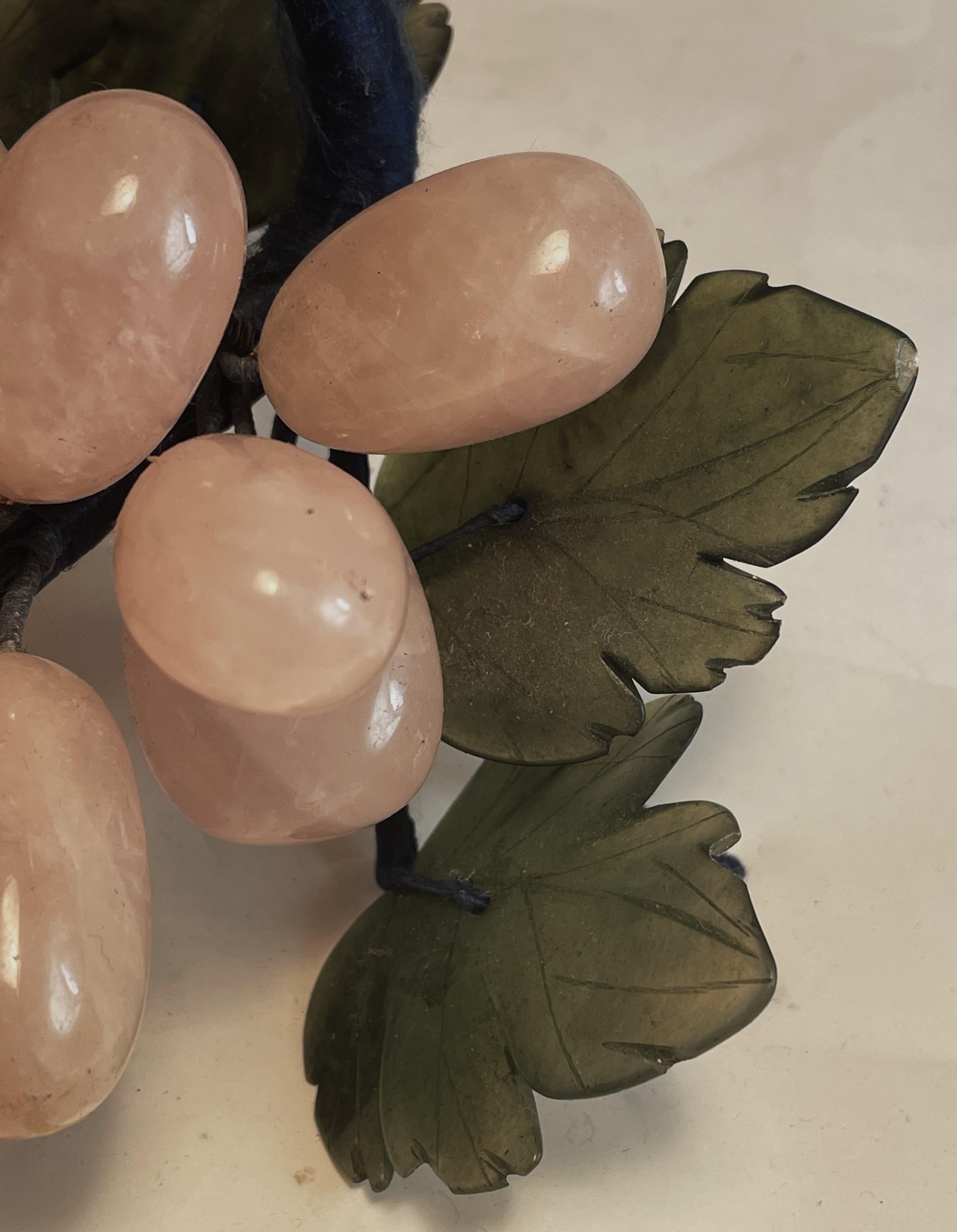 20th Century Asian Carved Rose Quartz Stone Fruit Grape Bunches Jade Leaves Decorative a Pair For Sale